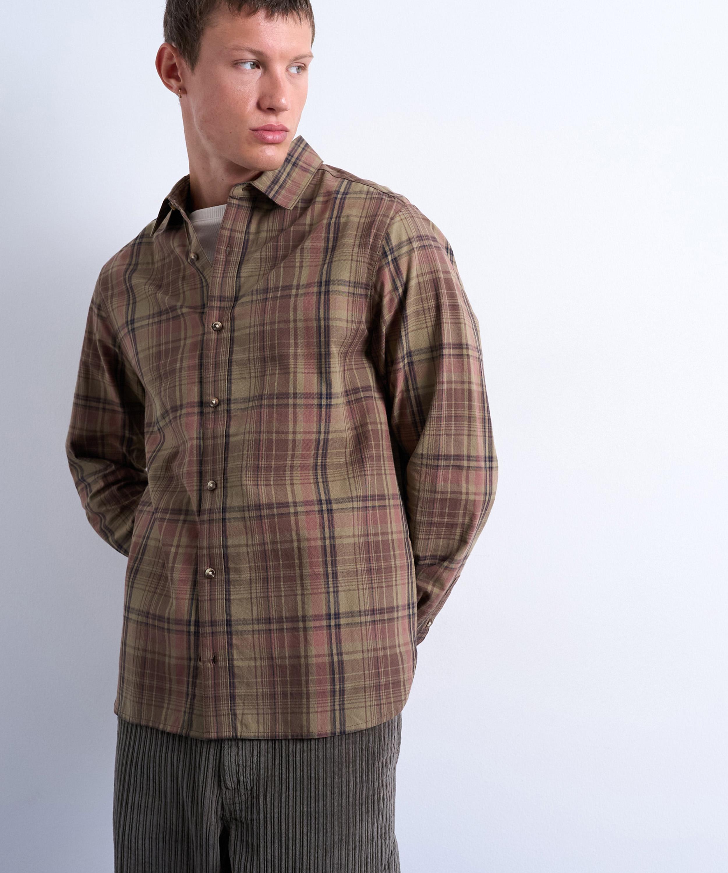 TOPMAN - Green Regular Fit Poplin Check Shirt image number 1