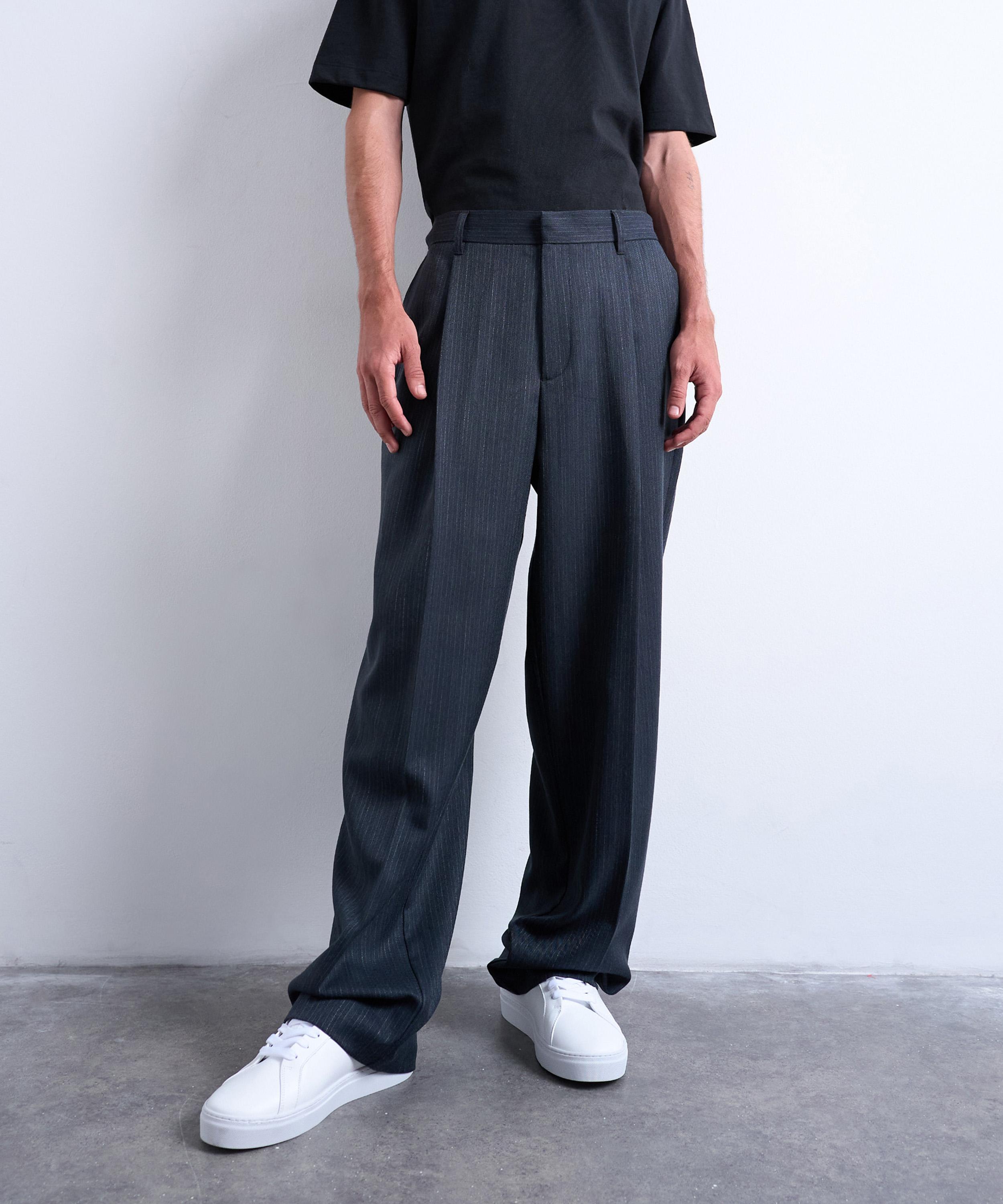 TOPMAN - Grey Stripe Wide-Leg Pleated Trousers