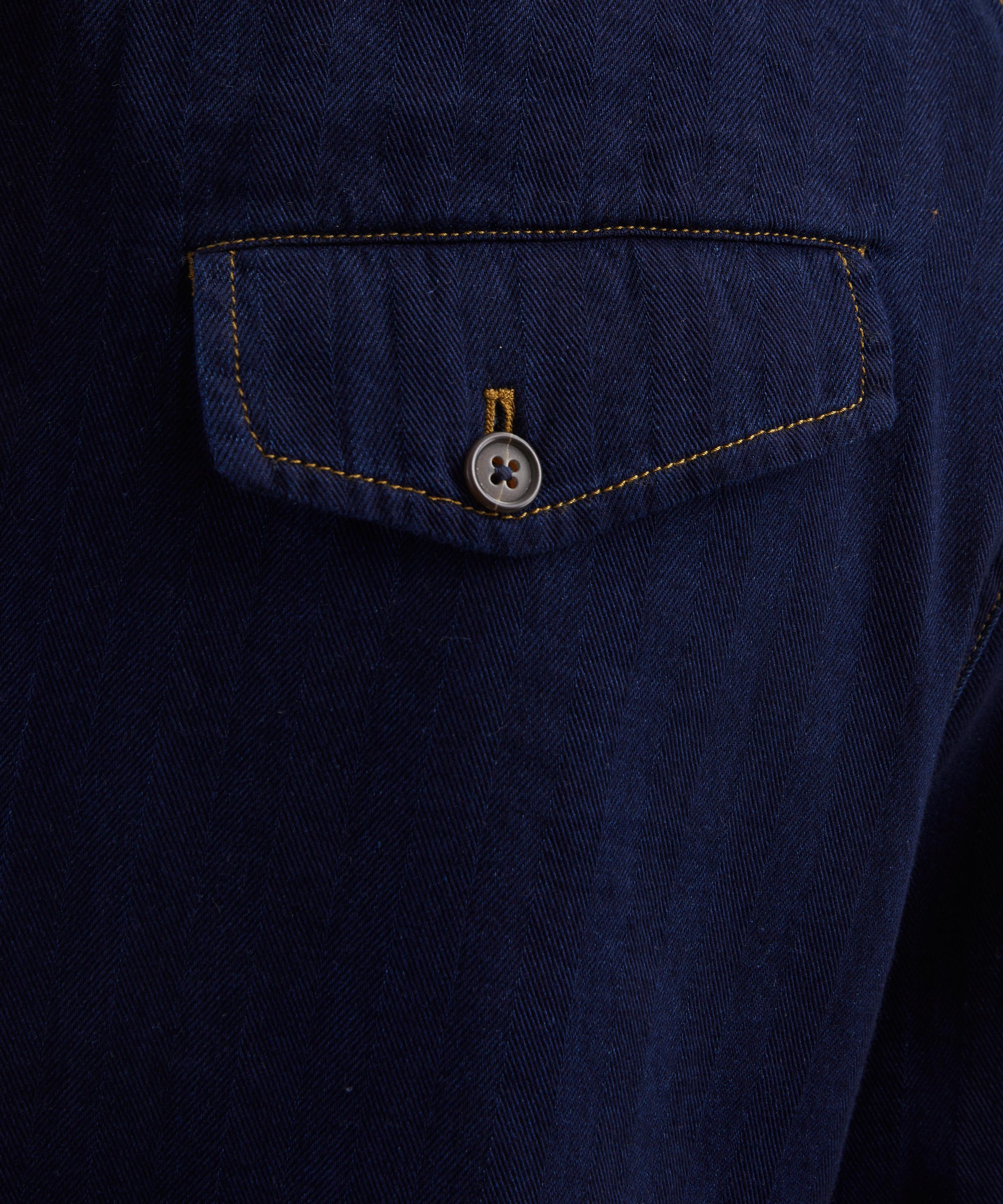 Universal Works - Indigo Herringbone Pleated Track Shorts image number 4