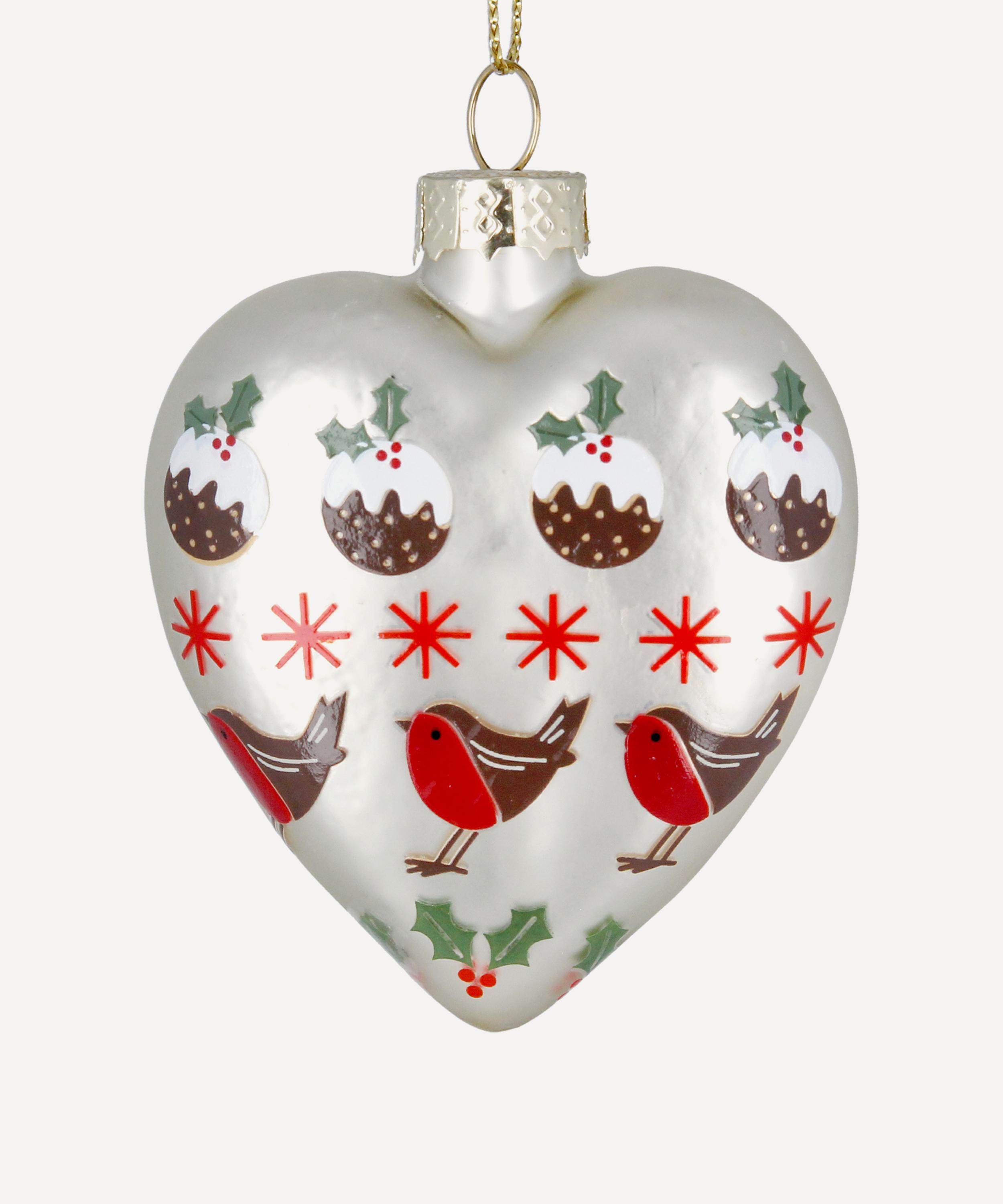 Christmas - Robin and Christmas Pudding White Heart Glass Ornament image number 0