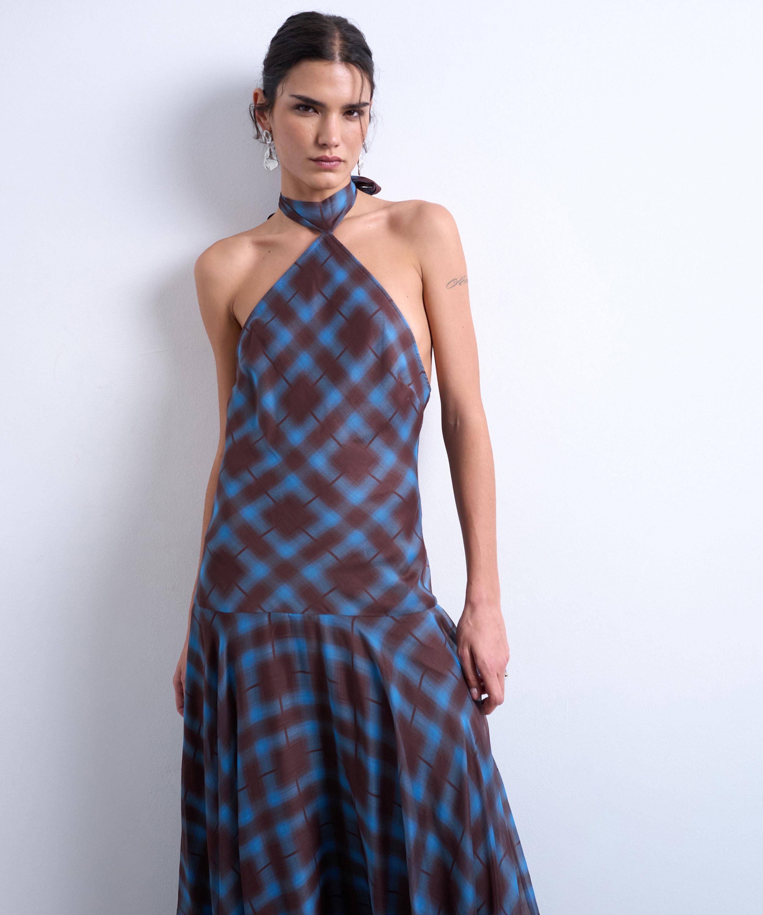 TOPSHOP - Blue Check Chiffon Volume Hem Dropped Waist Maxi Dress
