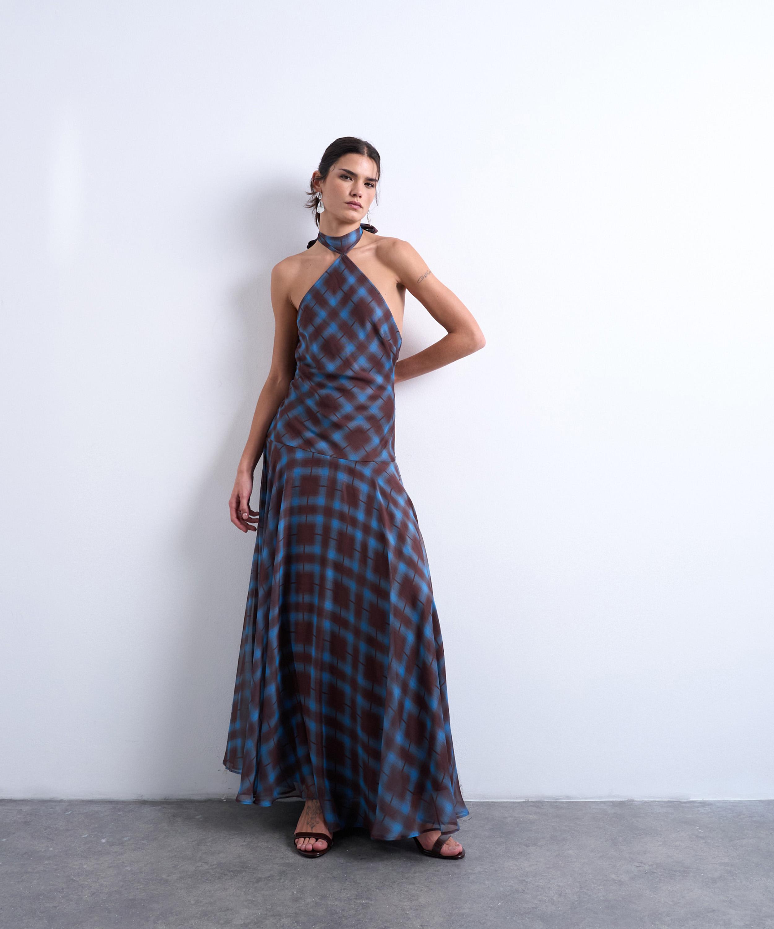 TOPSHOP - Blue Check Chiffon Volume Hem Dropped Waist Maxi Dress image number 1