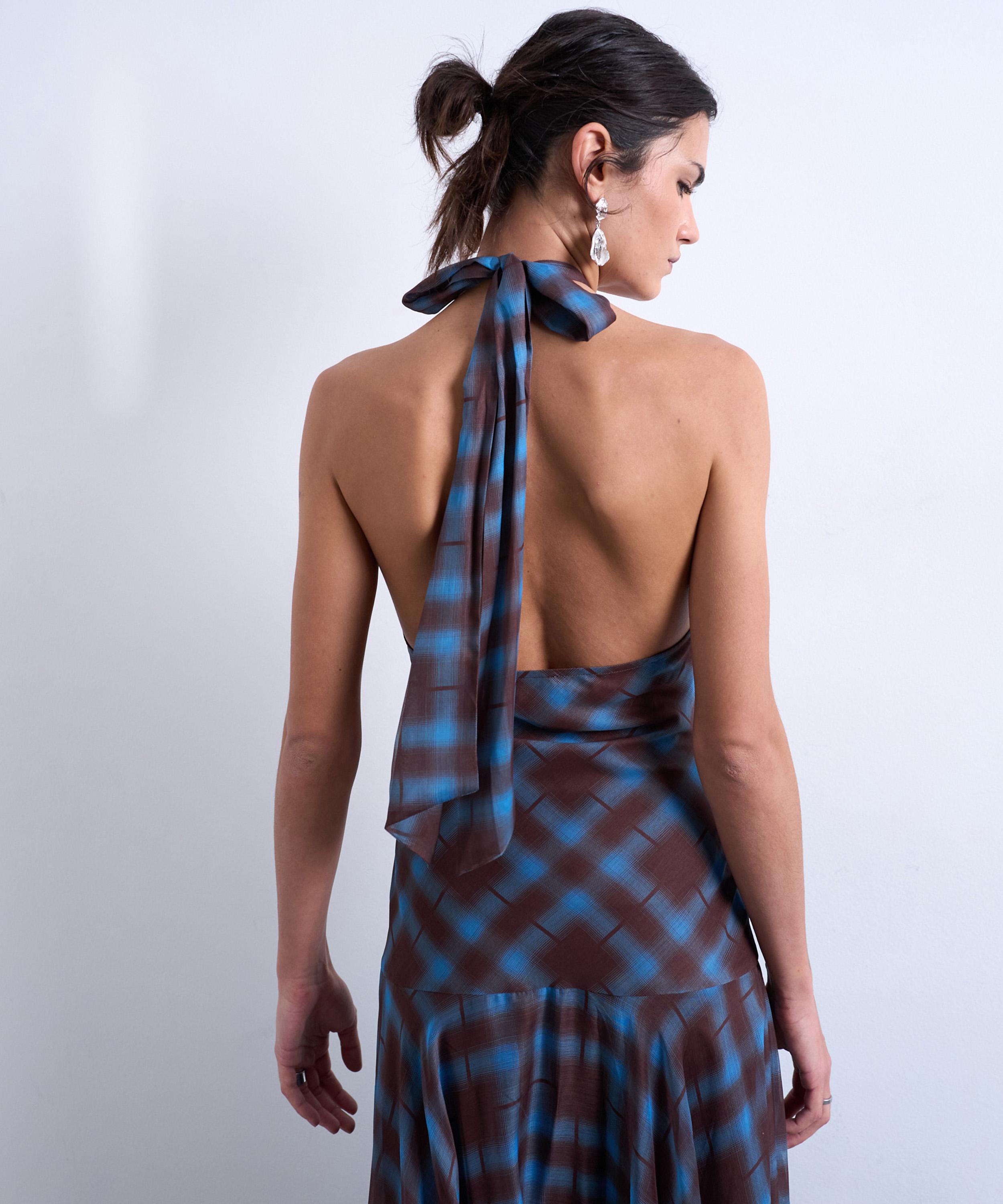 TOPSHOP - Blue Check Chiffon Volume Hem Dropped Waist Maxi Dress image number 3