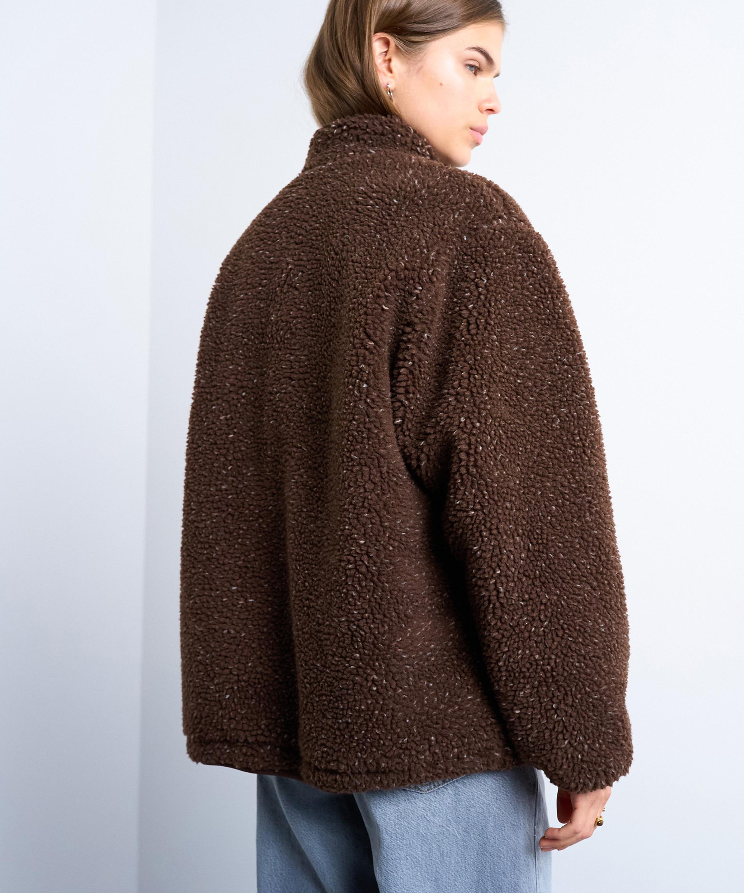 TOPSHOP - Chocolate Speckle Oversized Funnel Fleece Jacket image number 2