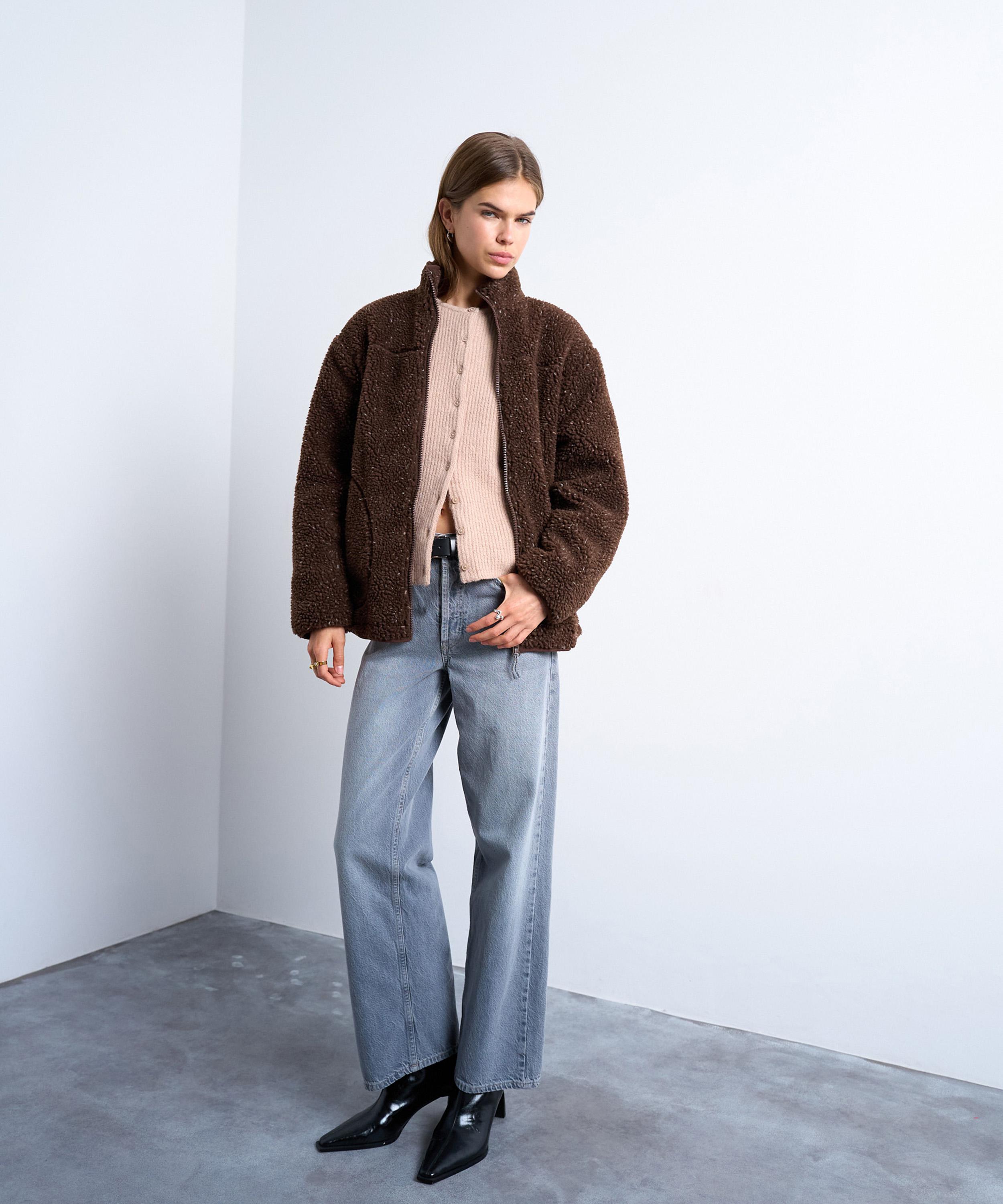 TOPSHOP - Chocolate Speckle Oversized Funnel Fleece Jacket image number 3