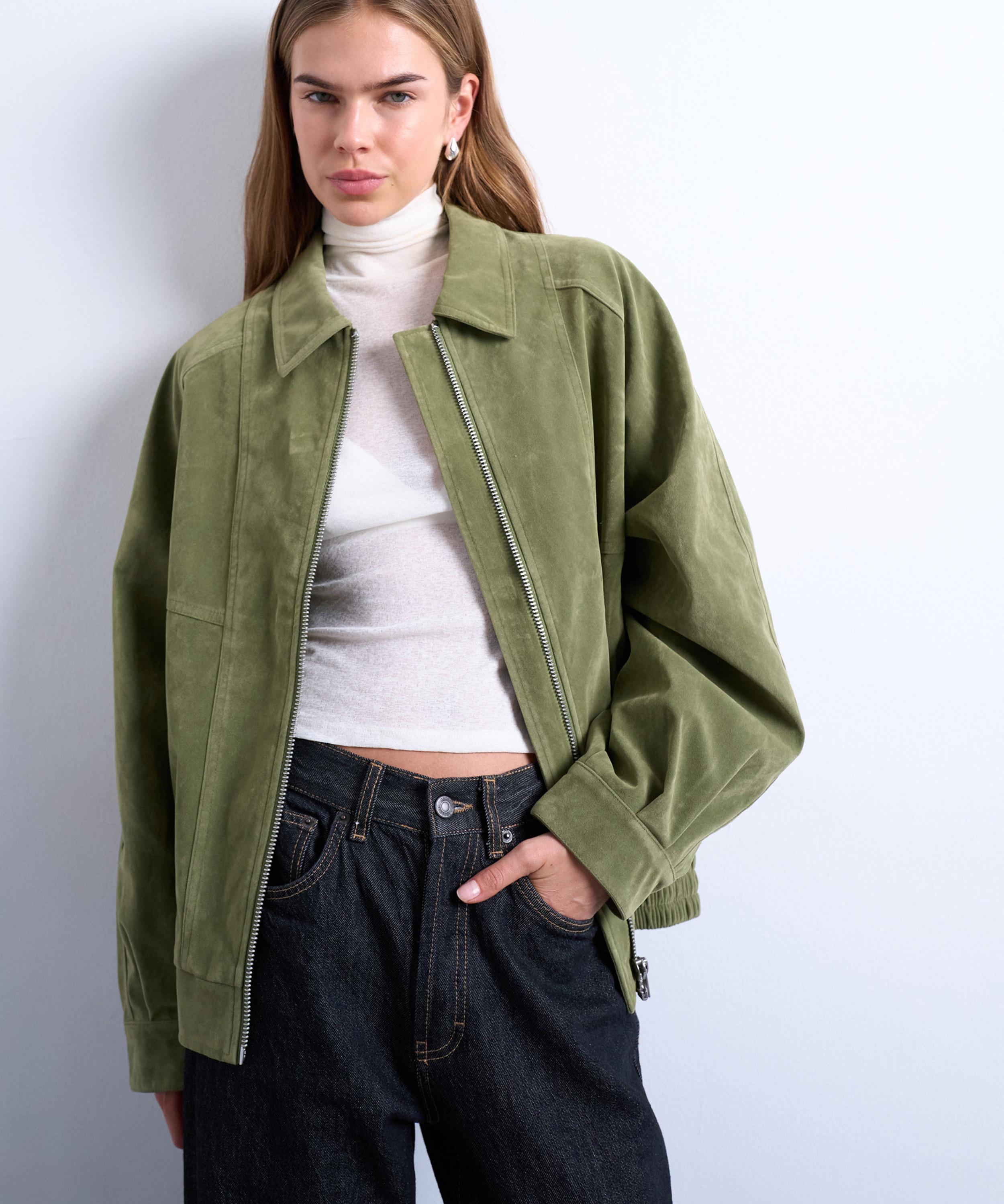 TOPSHOP - Green Faux-Suede Zip-Through Jacket