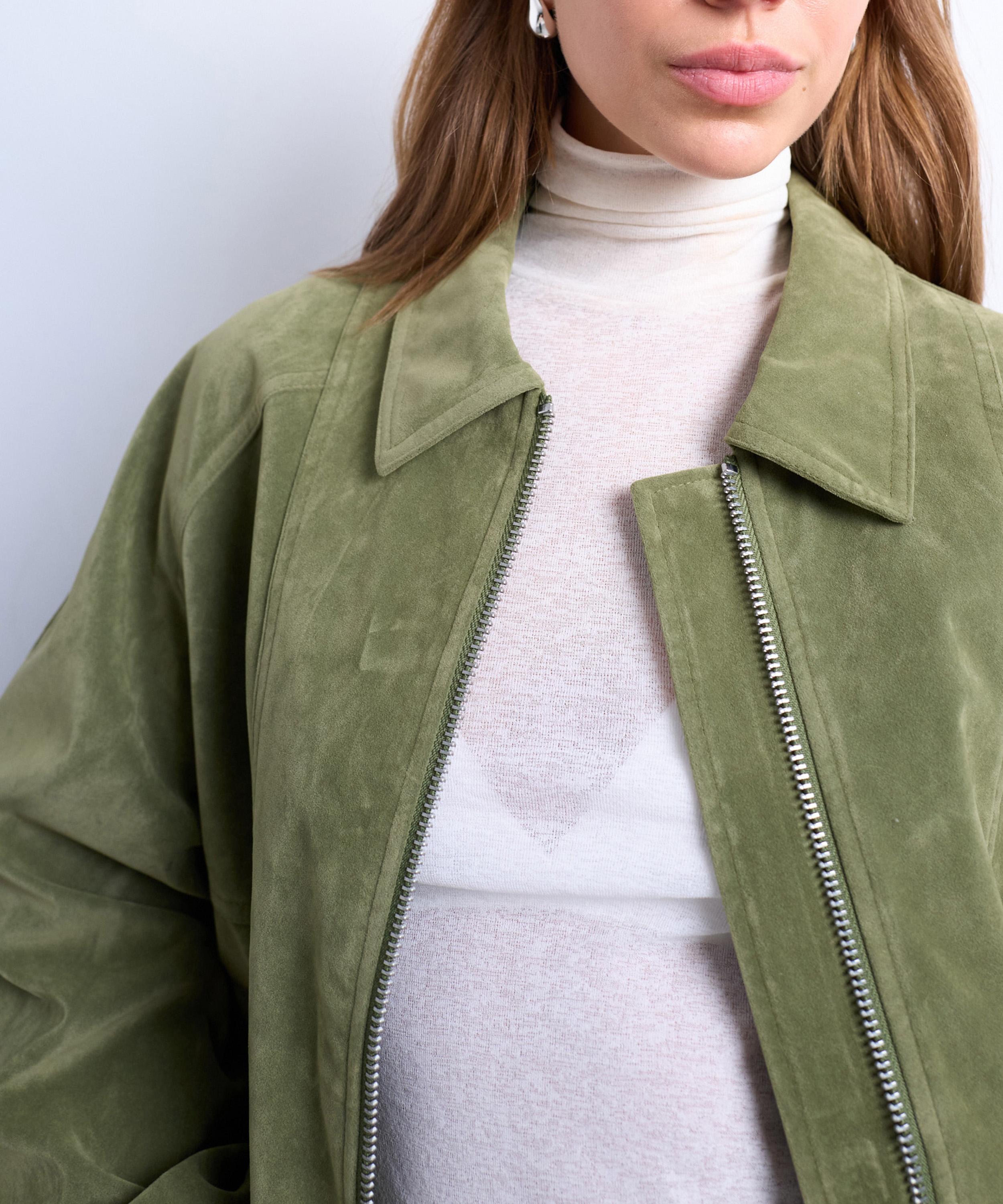 TOPSHOP - Green Faux-Suede Zip-Through Jacket image number 1