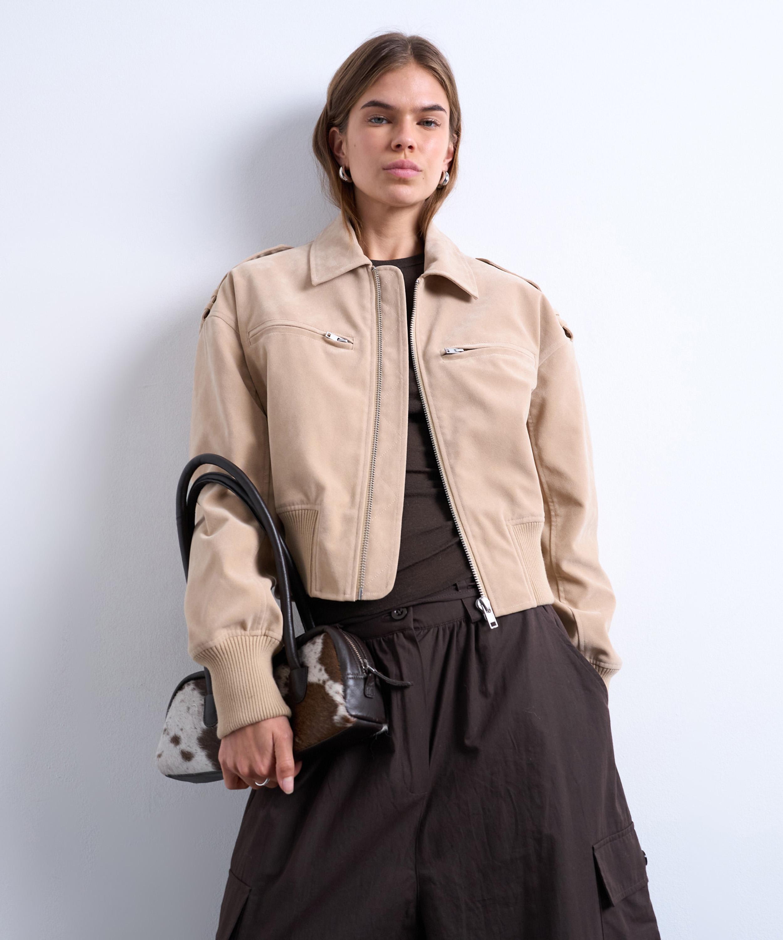 TOPSHOP - Stone Faux-Suede Ovoid Sleeve Bomber Jacket
