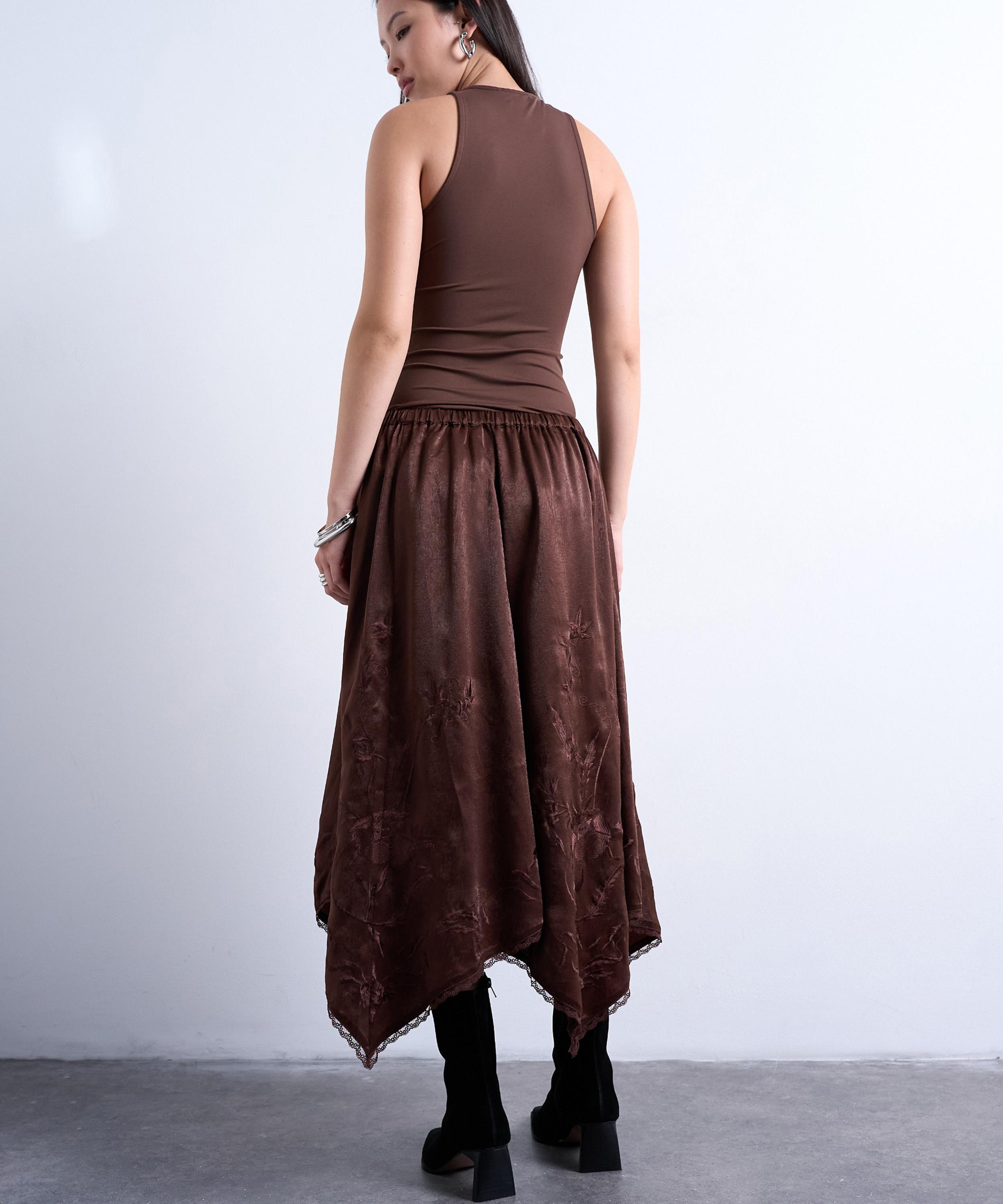 TOPSHOP - Chocolate Satin Hanky Hem Midi Skirt&nbsp; image number 1