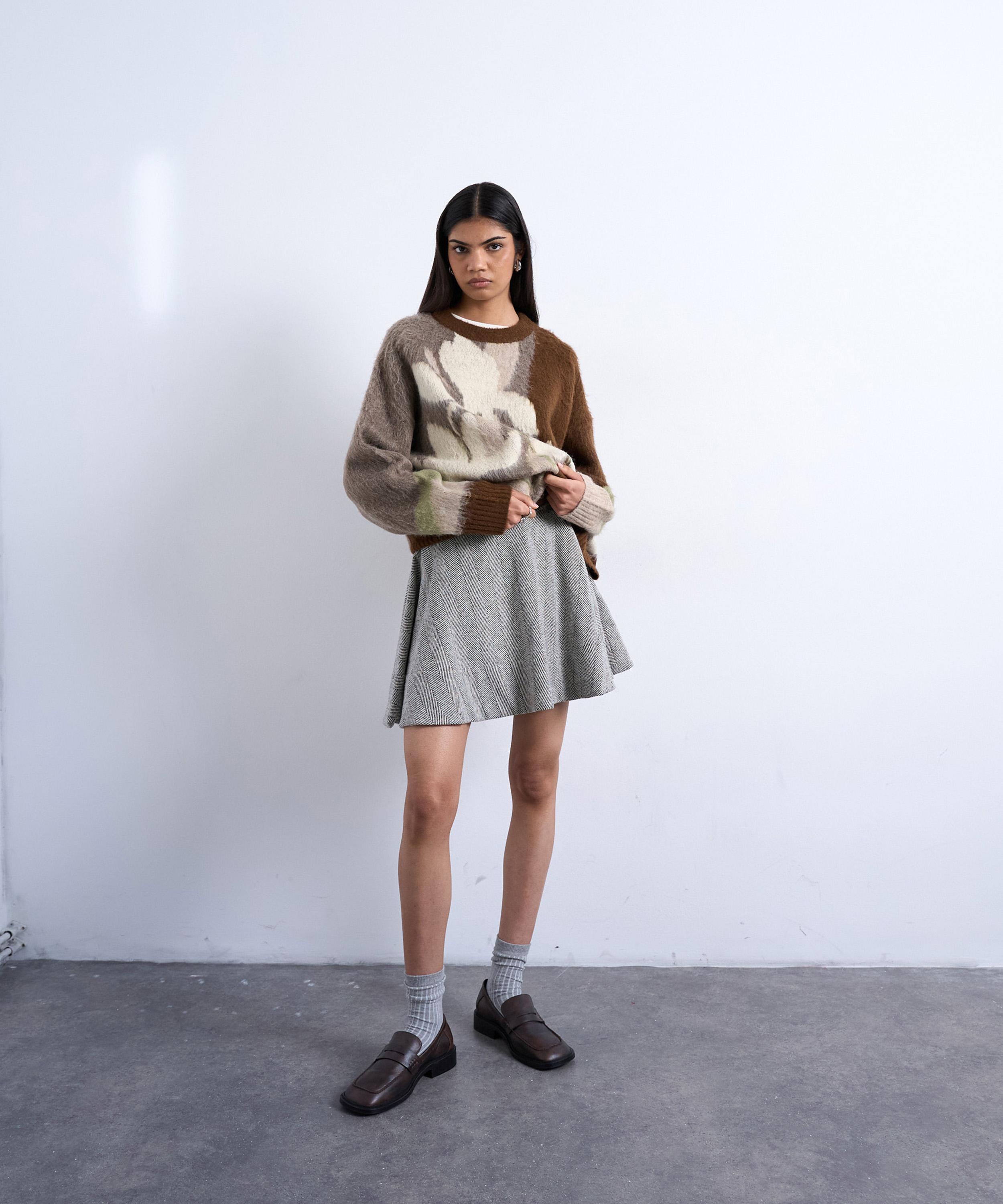 TOPSHOP - Mono Herringbone A-Line Flippy Mini Skirt