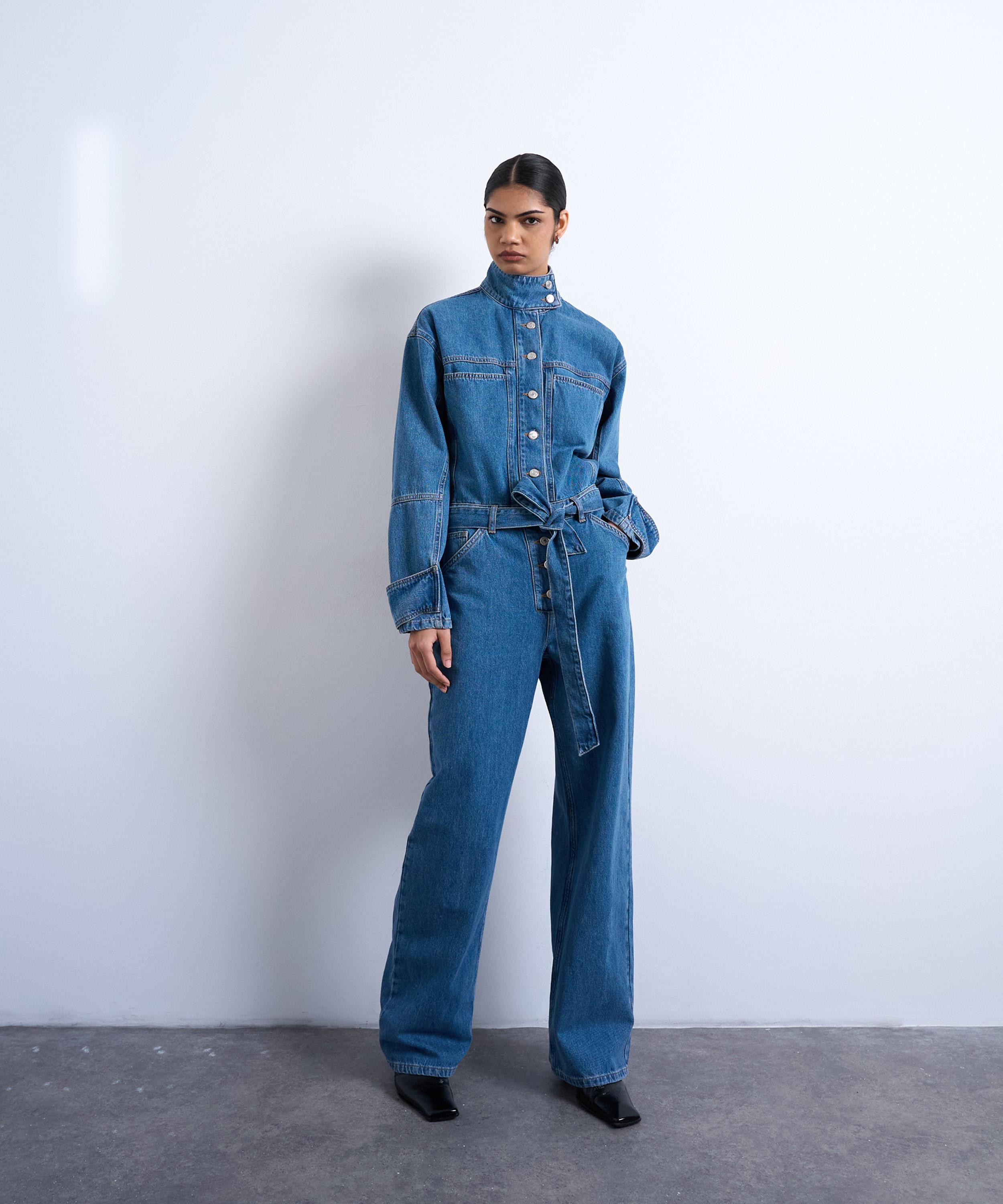TOPSHOP - Mid-Blue Denim Funnel-Neck Belted Jumpsuit image number 0