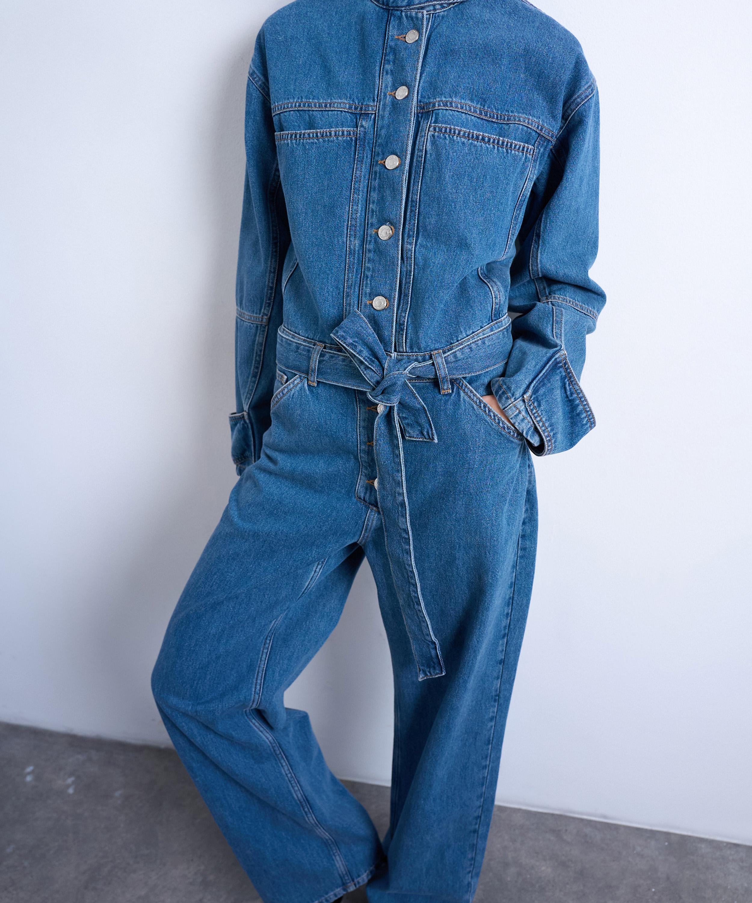 TOPSHOP - Mid-Blue Denim Funnel-Neck Belted Jumpsuit image number 1