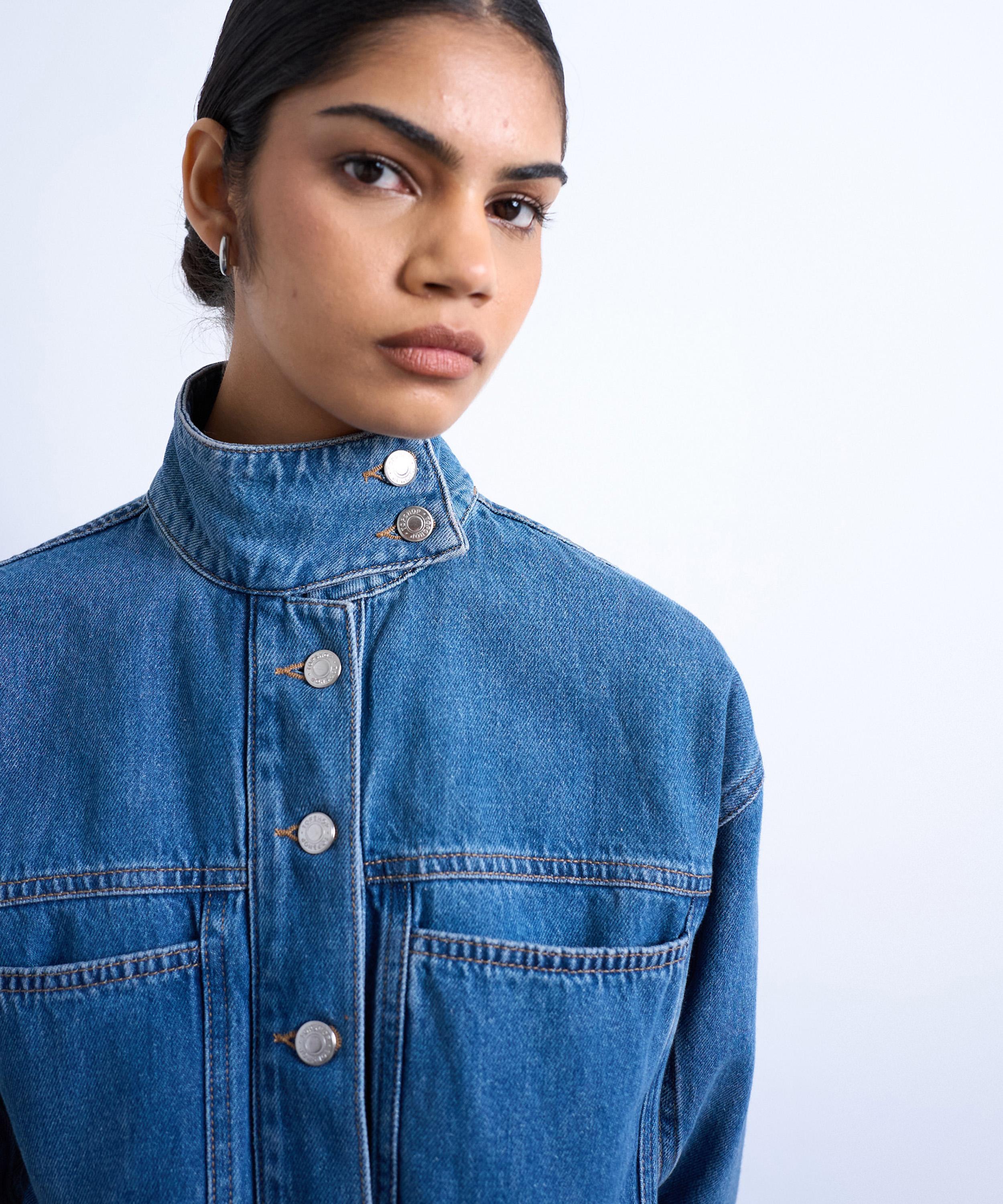 TOPSHOP - Mid-Blue Denim Funnel-Neck Belted Jumpsuit image number 2