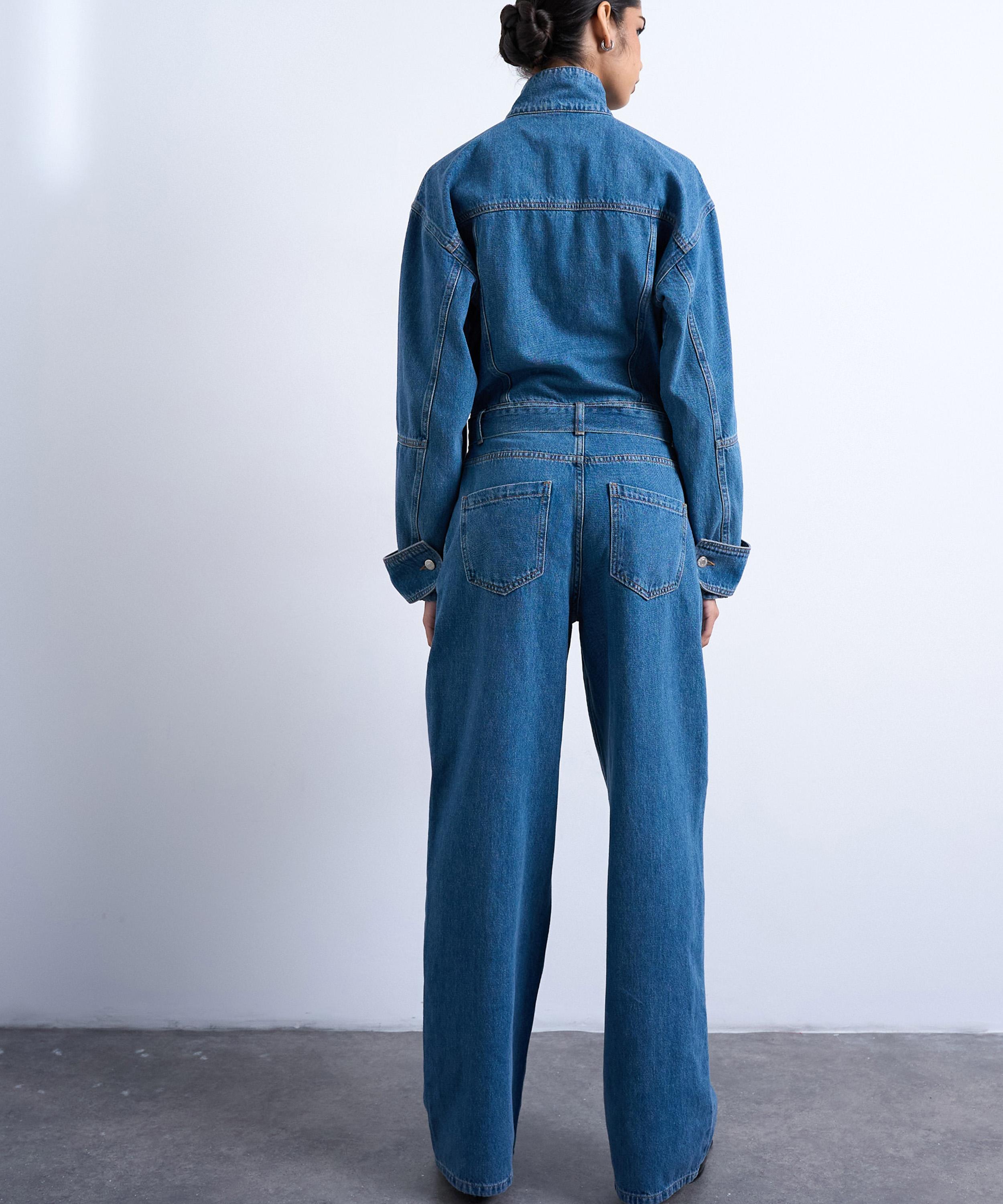 TOPSHOP - Mid-Blue Denim Funnel-Neck Belted Jumpsuit image number 3