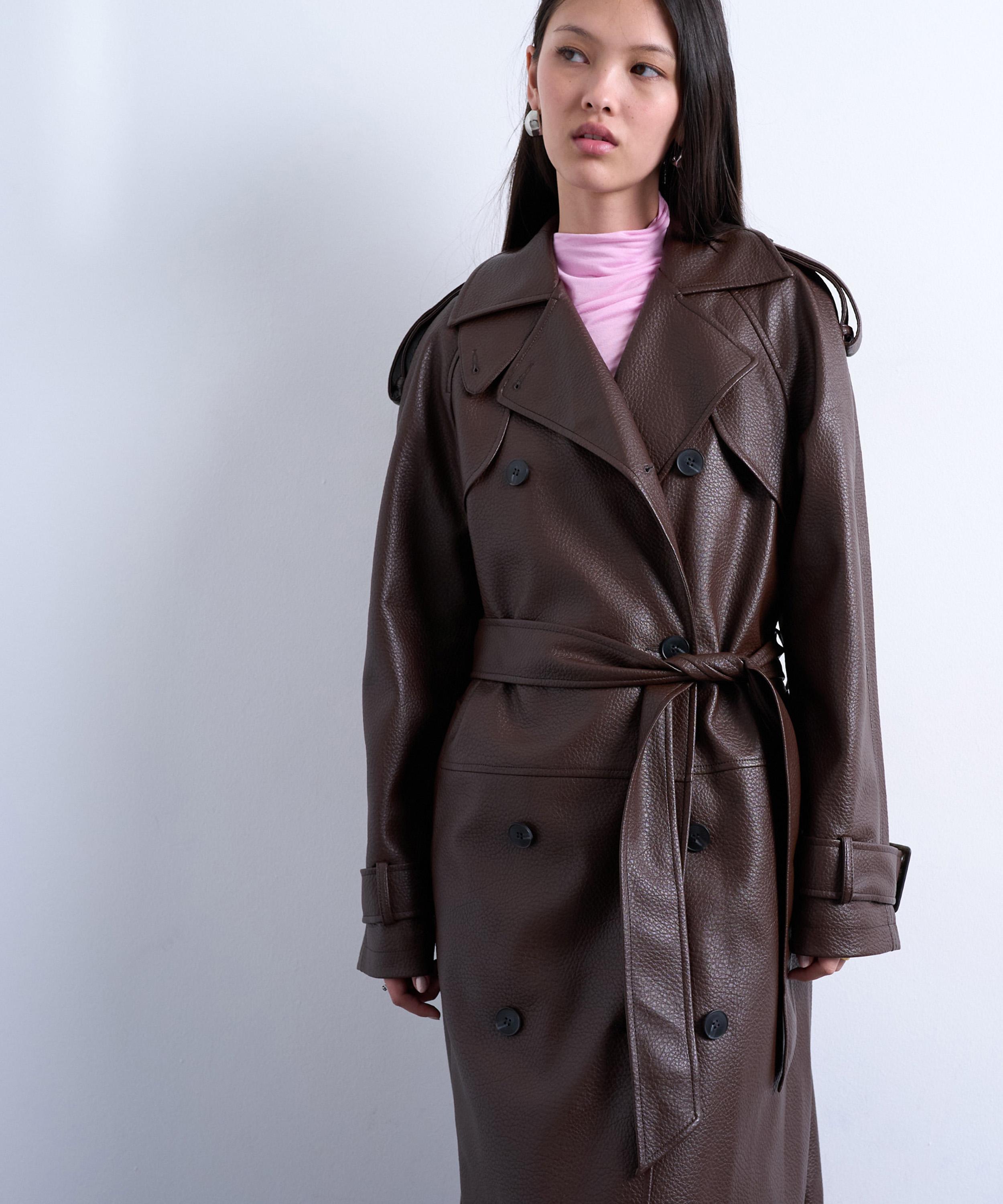 TOPSHOP - Brown Bubble Faux-Leather Trench Coat