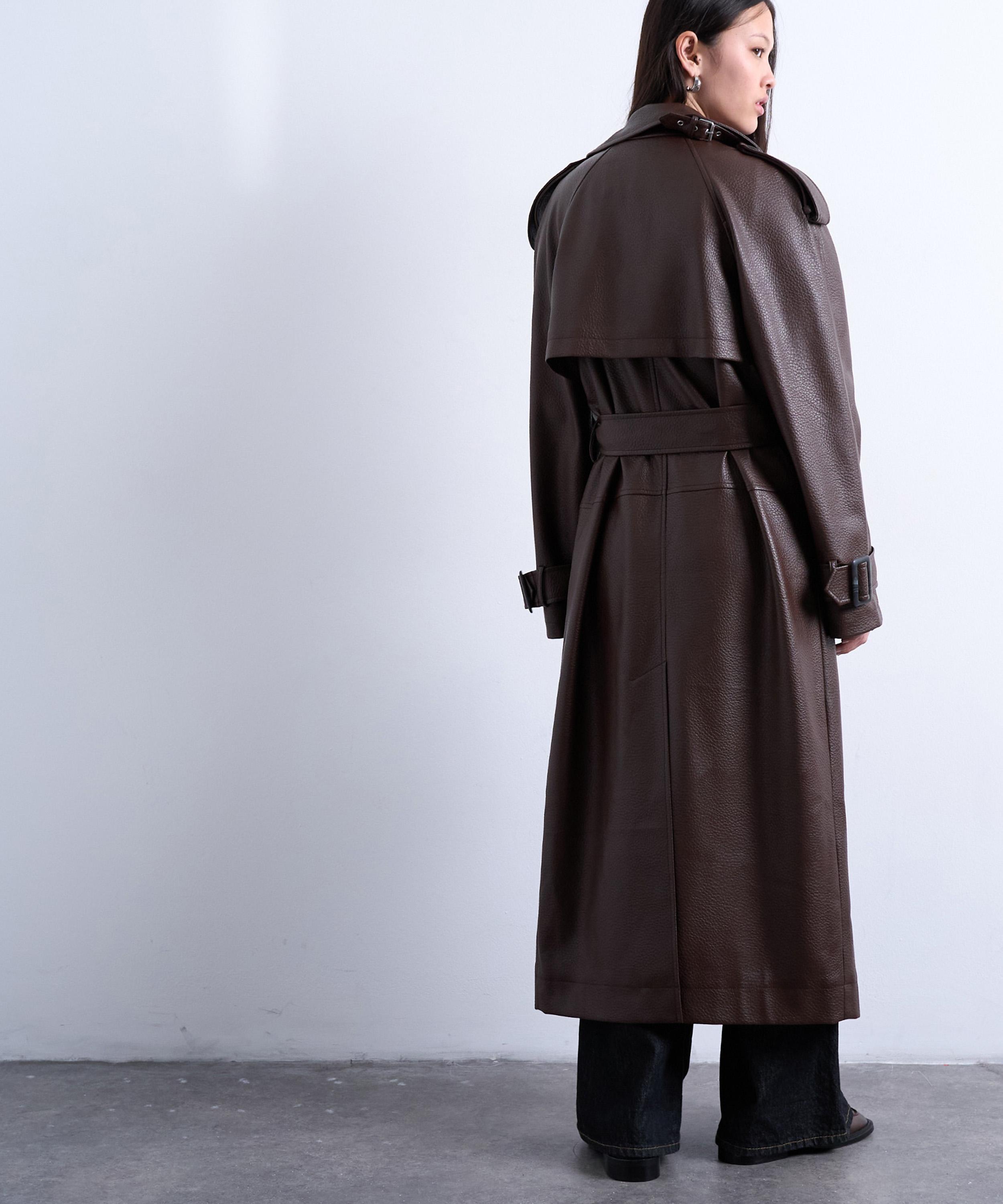 TOPSHOP - Brown Bubble Faux-Leather Trench Coat image number 3