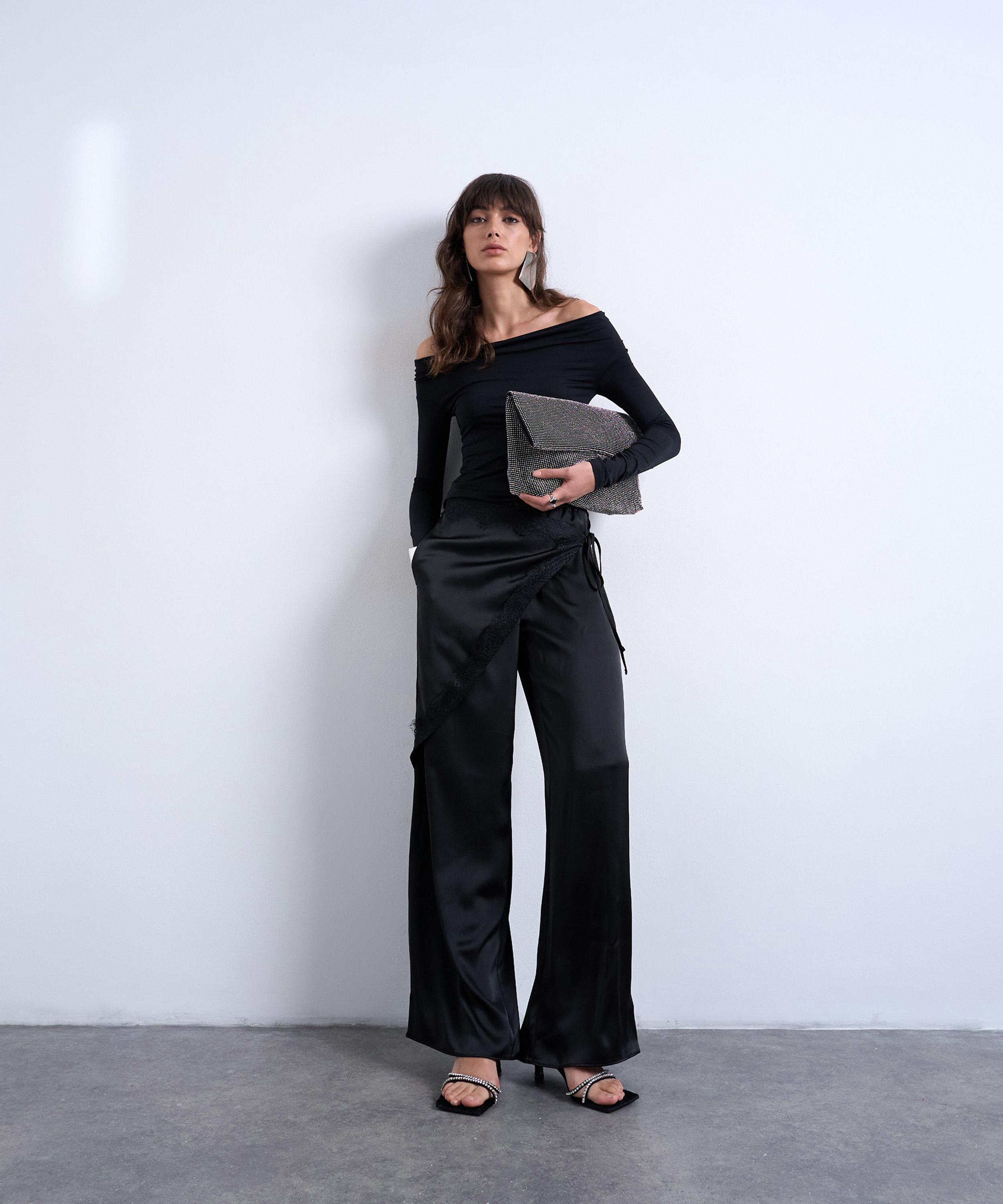 TOPSHOP - Black Satin Wrap Around Lace Wide-Leg Trousers