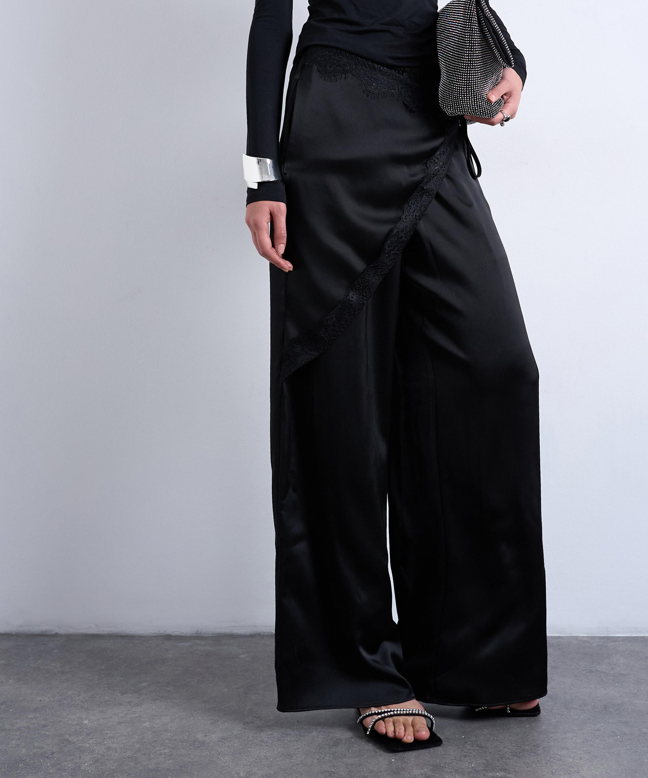 TOPSHOP - Black Satin Wrap Around Lace Wide-Leg Trousers image number 1