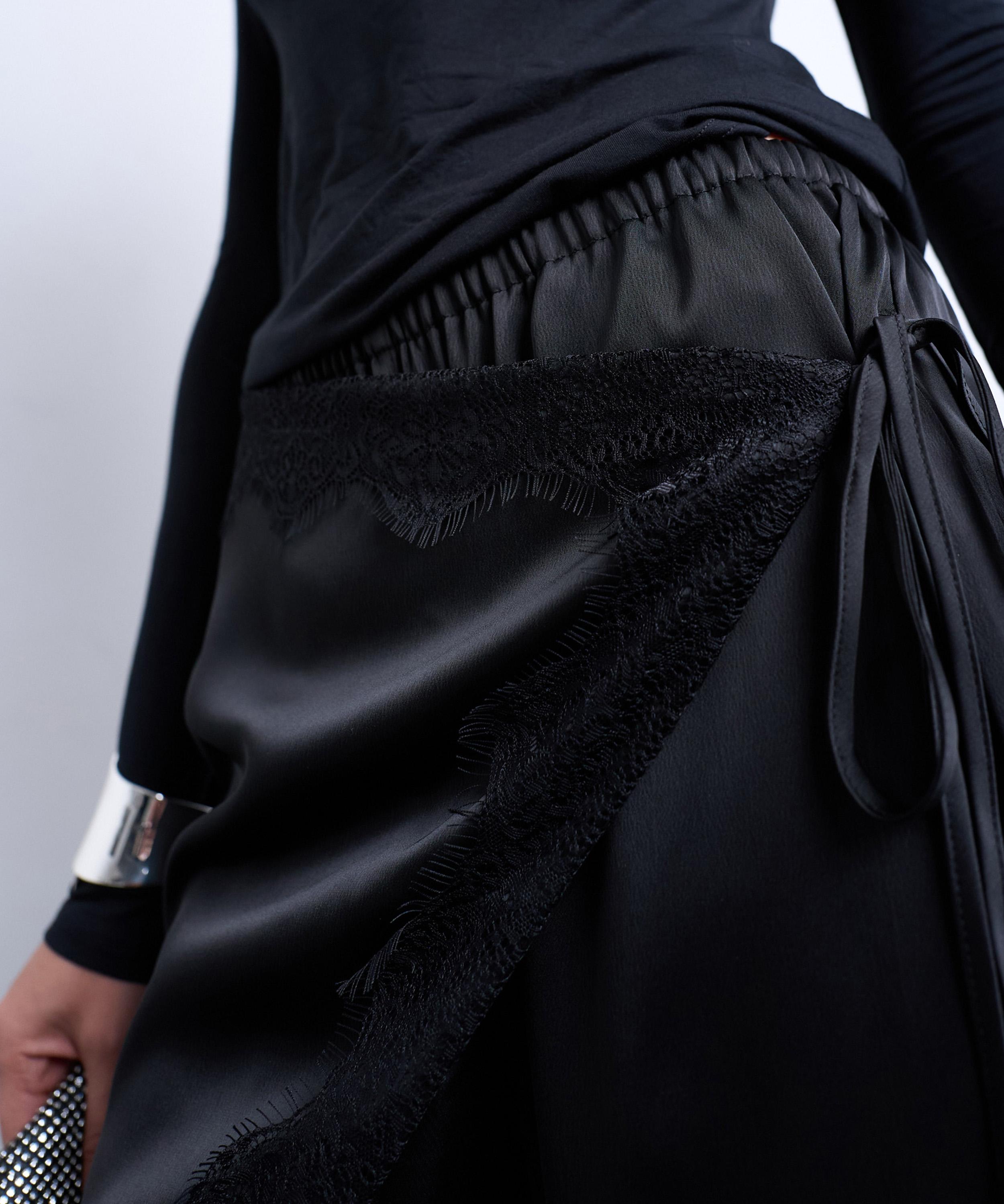 TOPSHOP - Black Satin Wrap Around Lace Wide-Leg Trousers image number 3