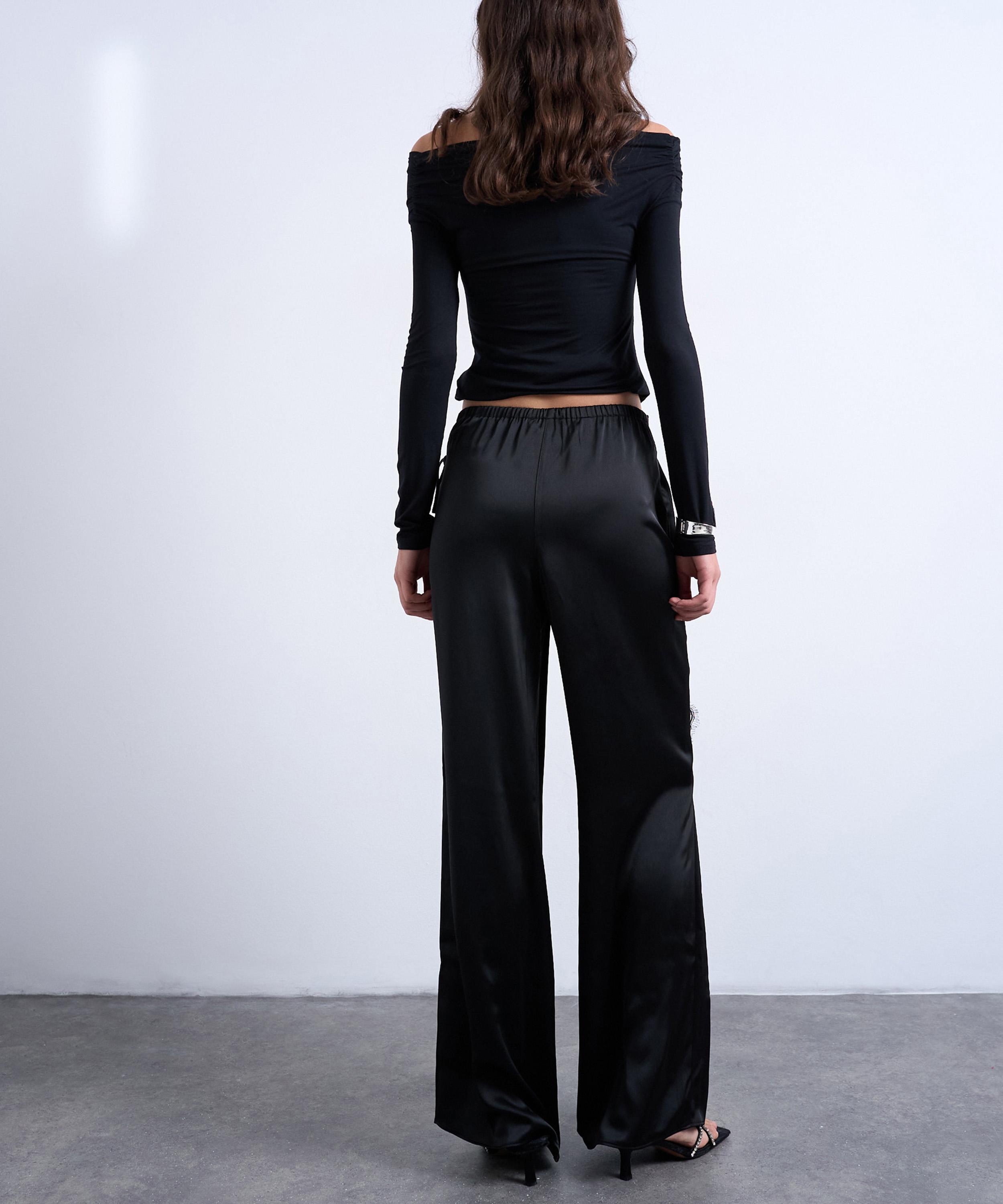 TOPSHOP - Black Satin Wrap Around Lace Wide-Leg Trousers image number 4