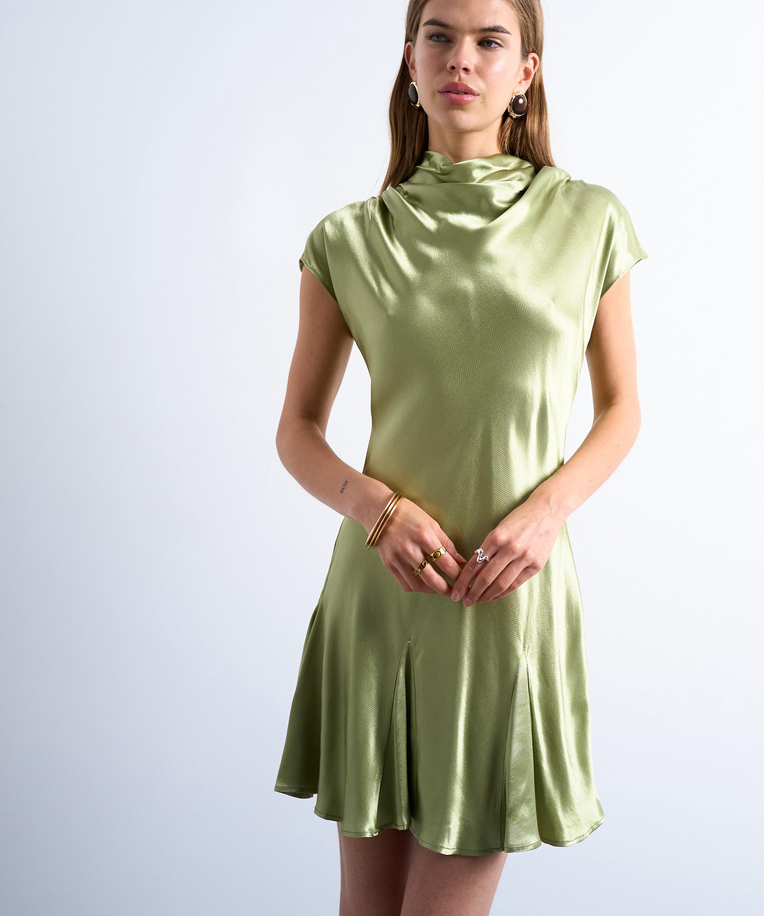 TOPSHOP - Olive Grown-On Sleeve Satin Mini Dress