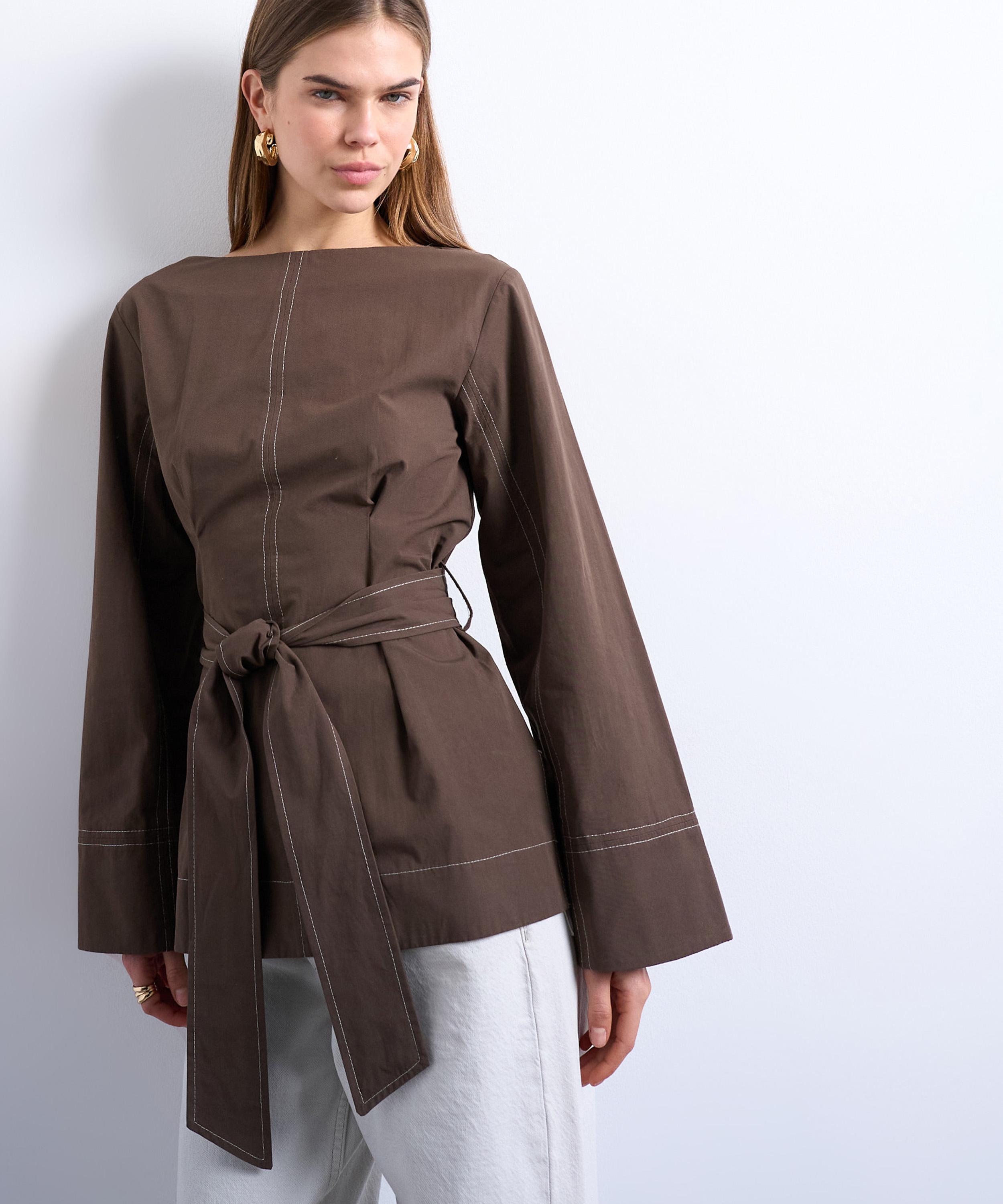 TOPSHOP - Brown Long-Sleeve Tie Waist Top image number 1