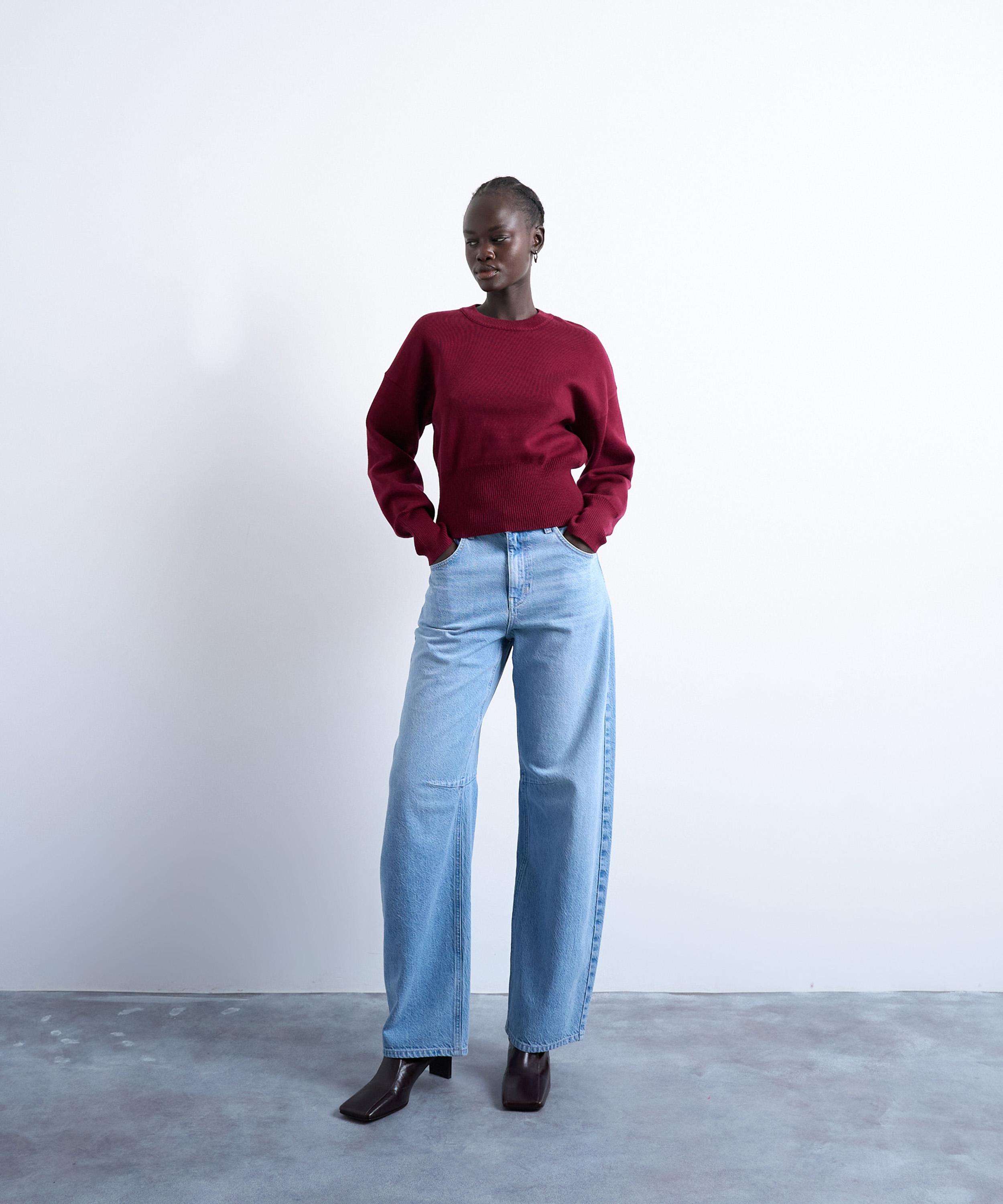 TOPSHOP - Burgundy Knitted Clean Cinch Waist Jumper image number 3