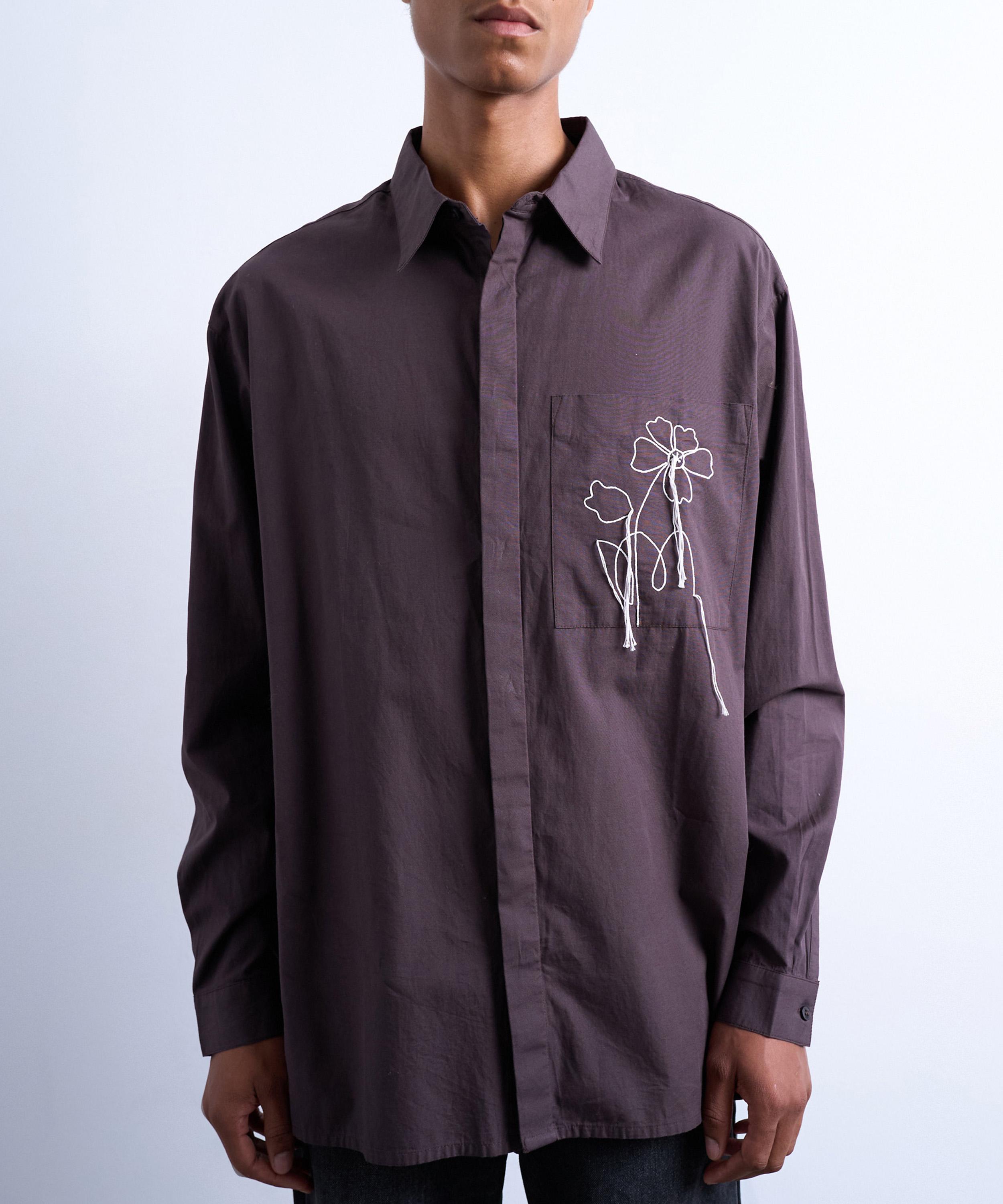 TOPMAN - Brown Oversized Floral Embroidered Poplin Shirt