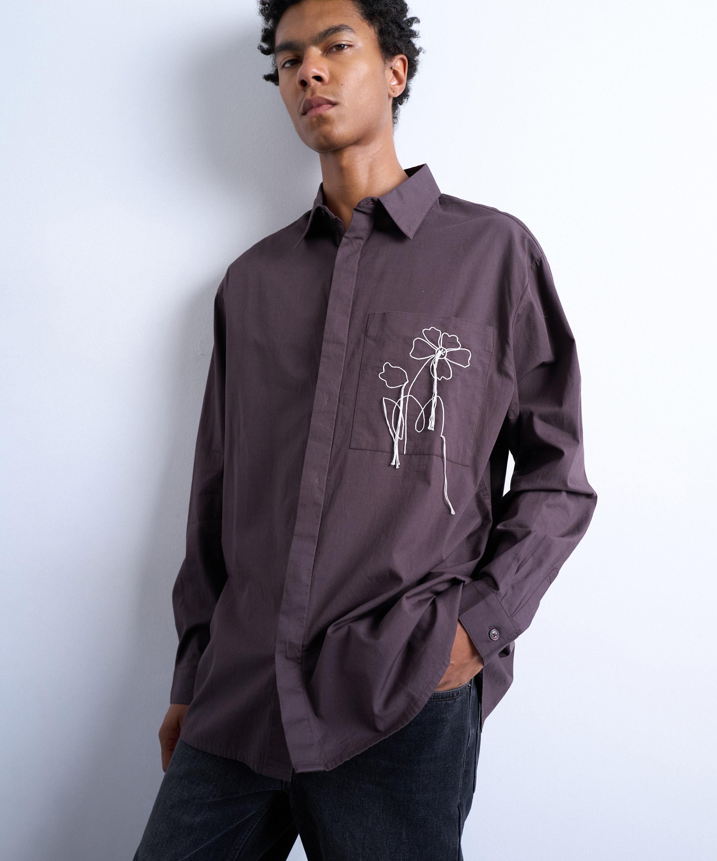 TOPMAN - Brown Oversized Floral Embroidered Poplin Shirt image number 1
