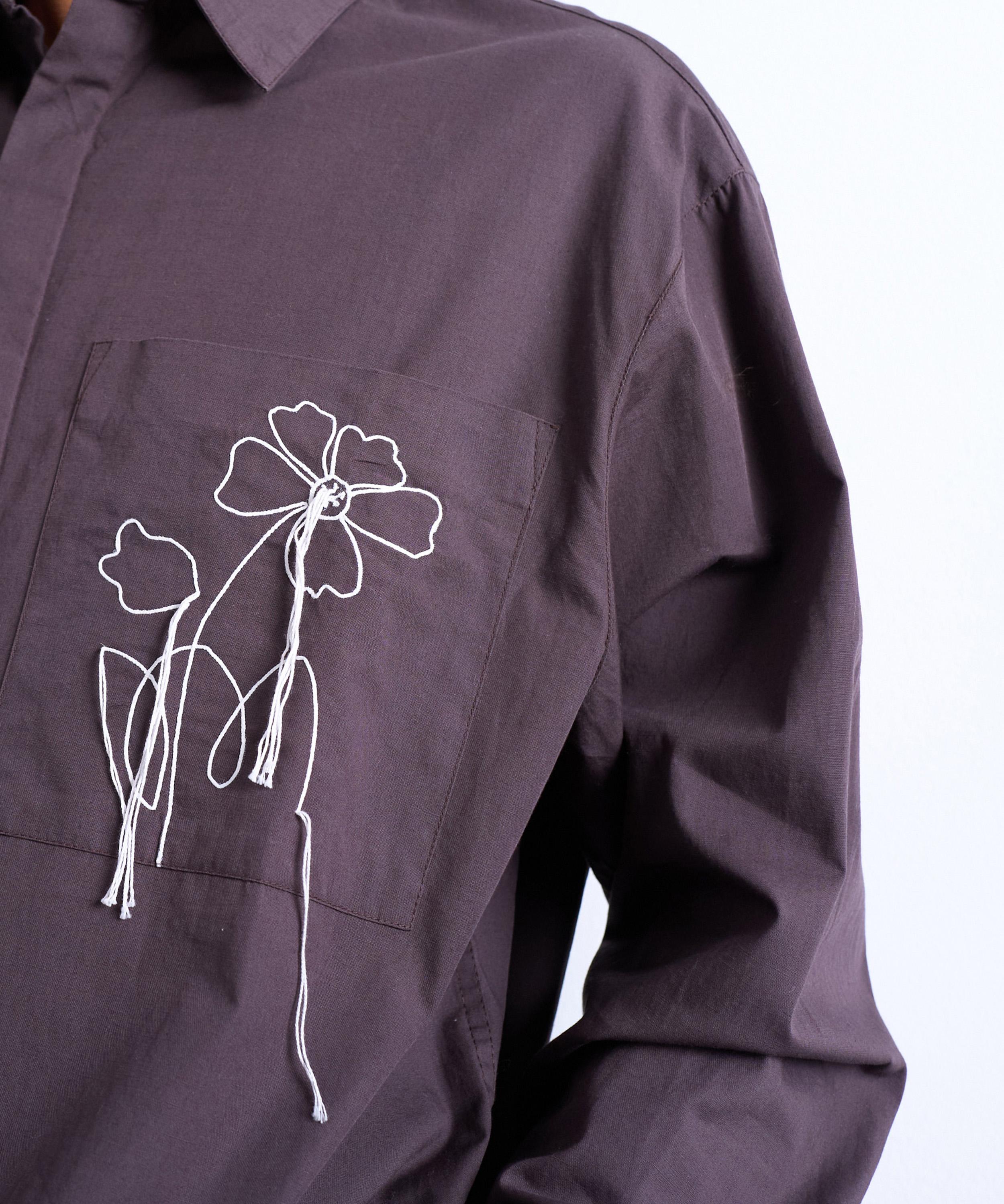 TOPMAN - Brown Oversized Floral Embroidered Poplin Shirt image number 2