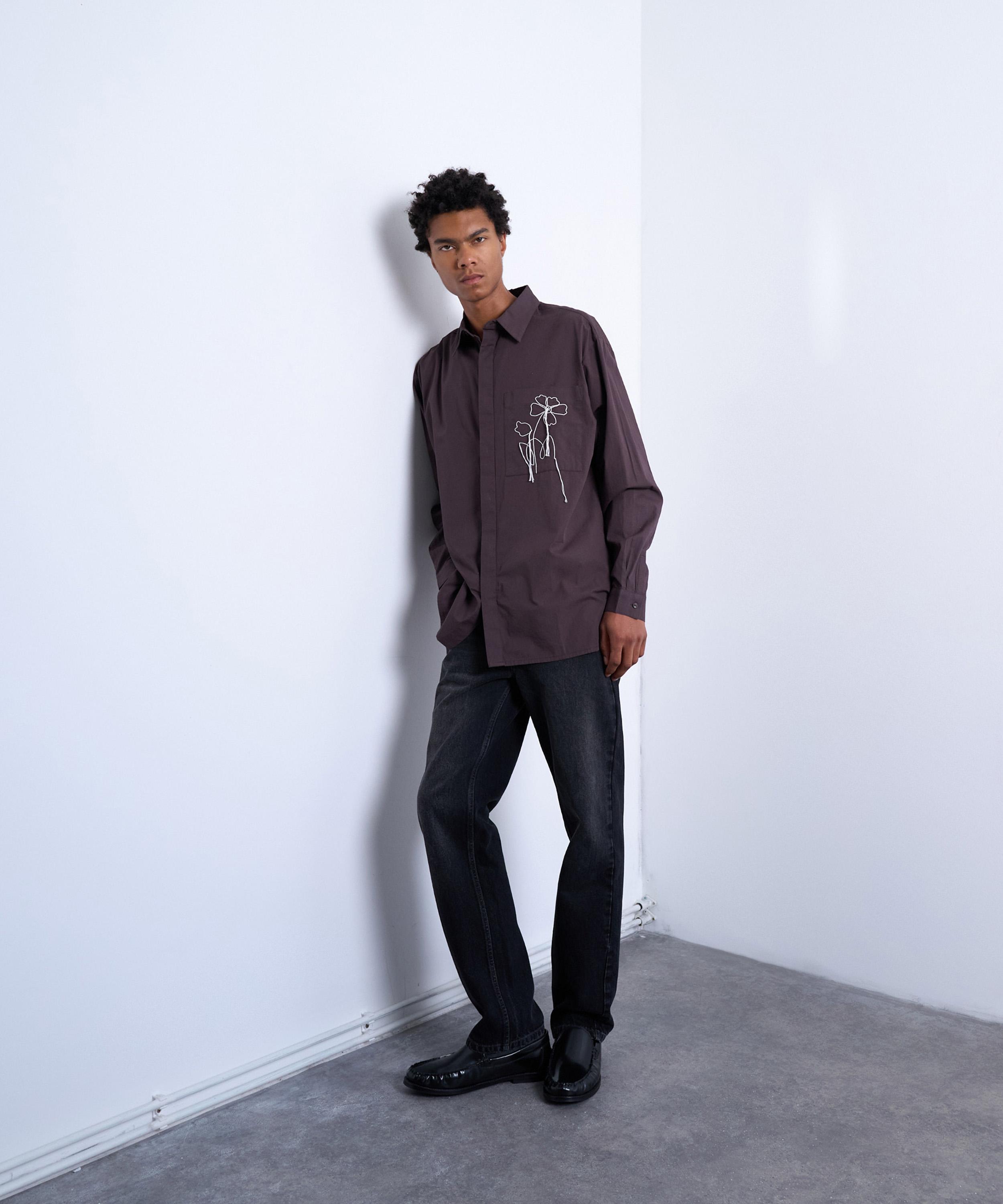 TOPMAN - Brown Oversized Floral Embroidered Poplin Shirt image number 4