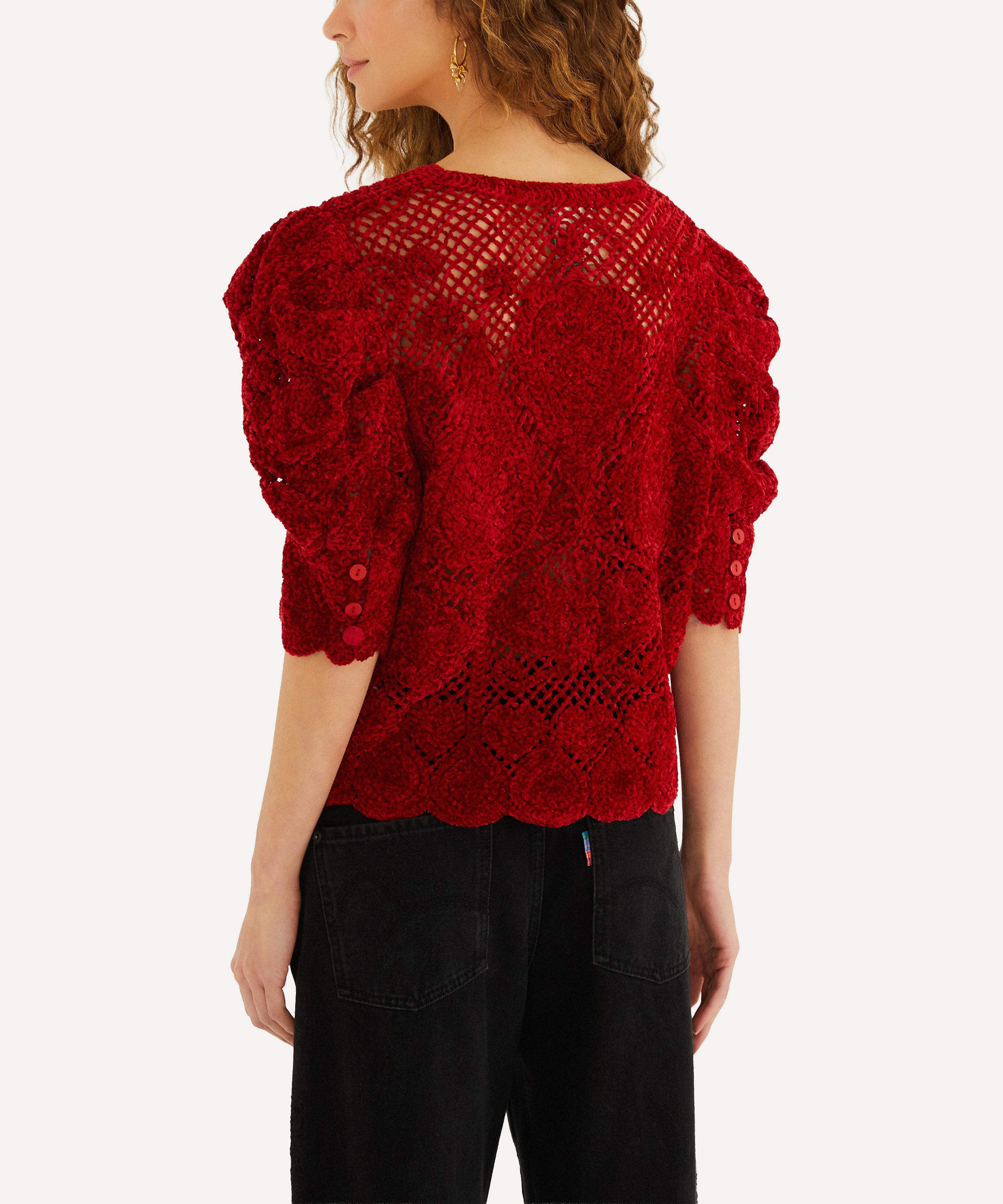 FARM Rio - Red Rococo Hearts Puff-Sleeve Crochet Cardigan image number 1