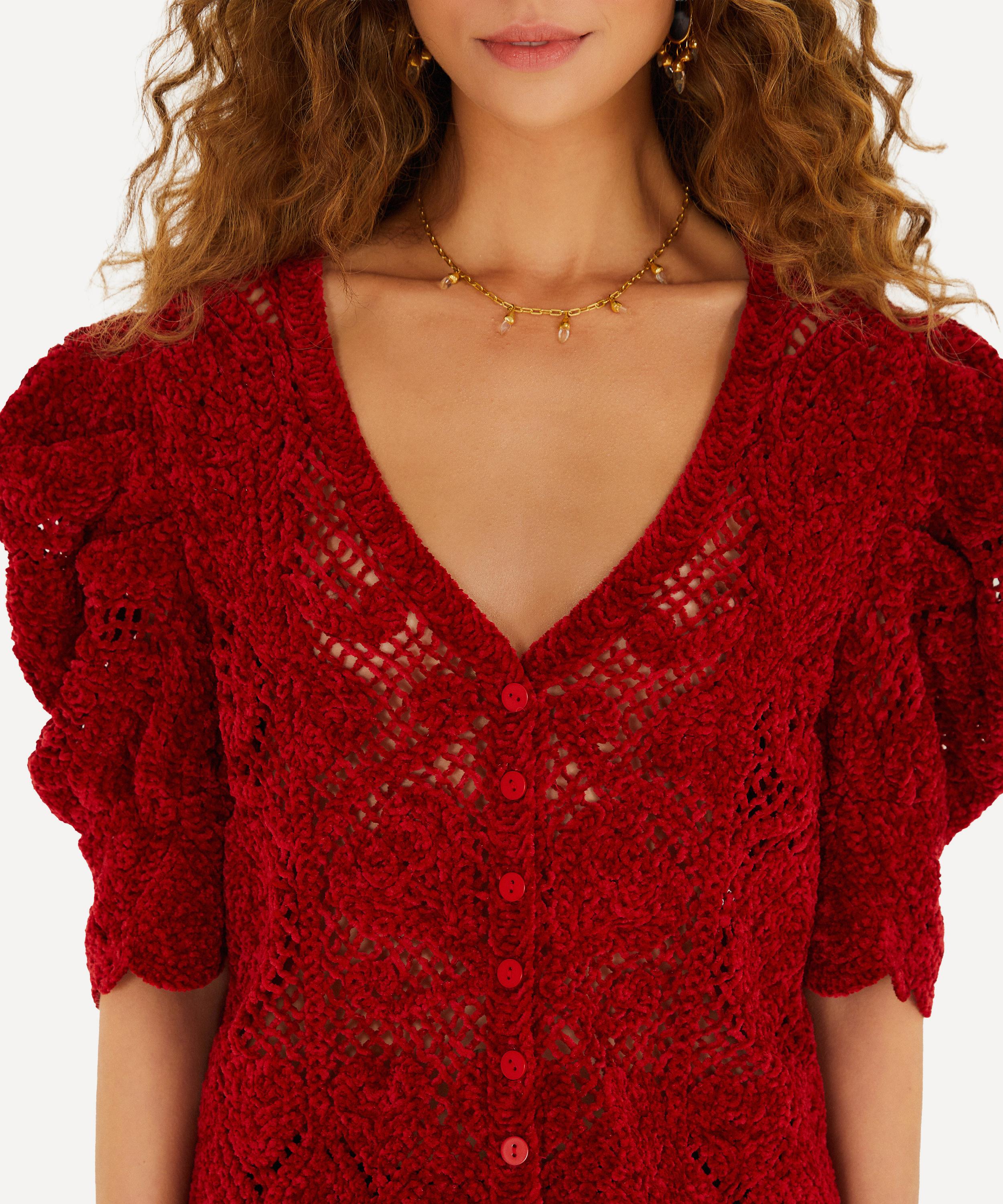 FARM Rio - Red Rococo Hearts Puff-Sleeve Crochet Cardigan image number 2