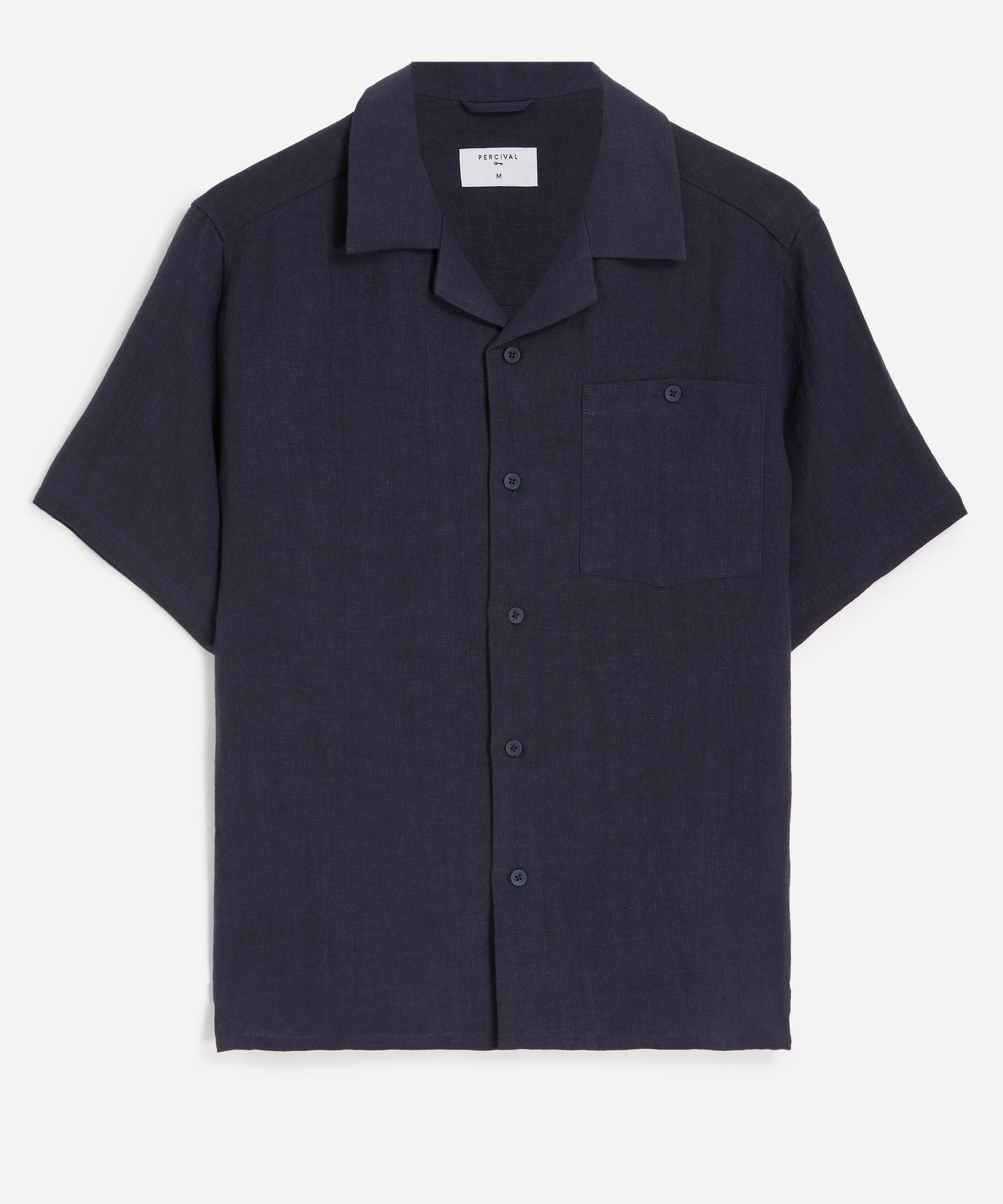 Percival - Navy Cuban Collared Linen Shirt