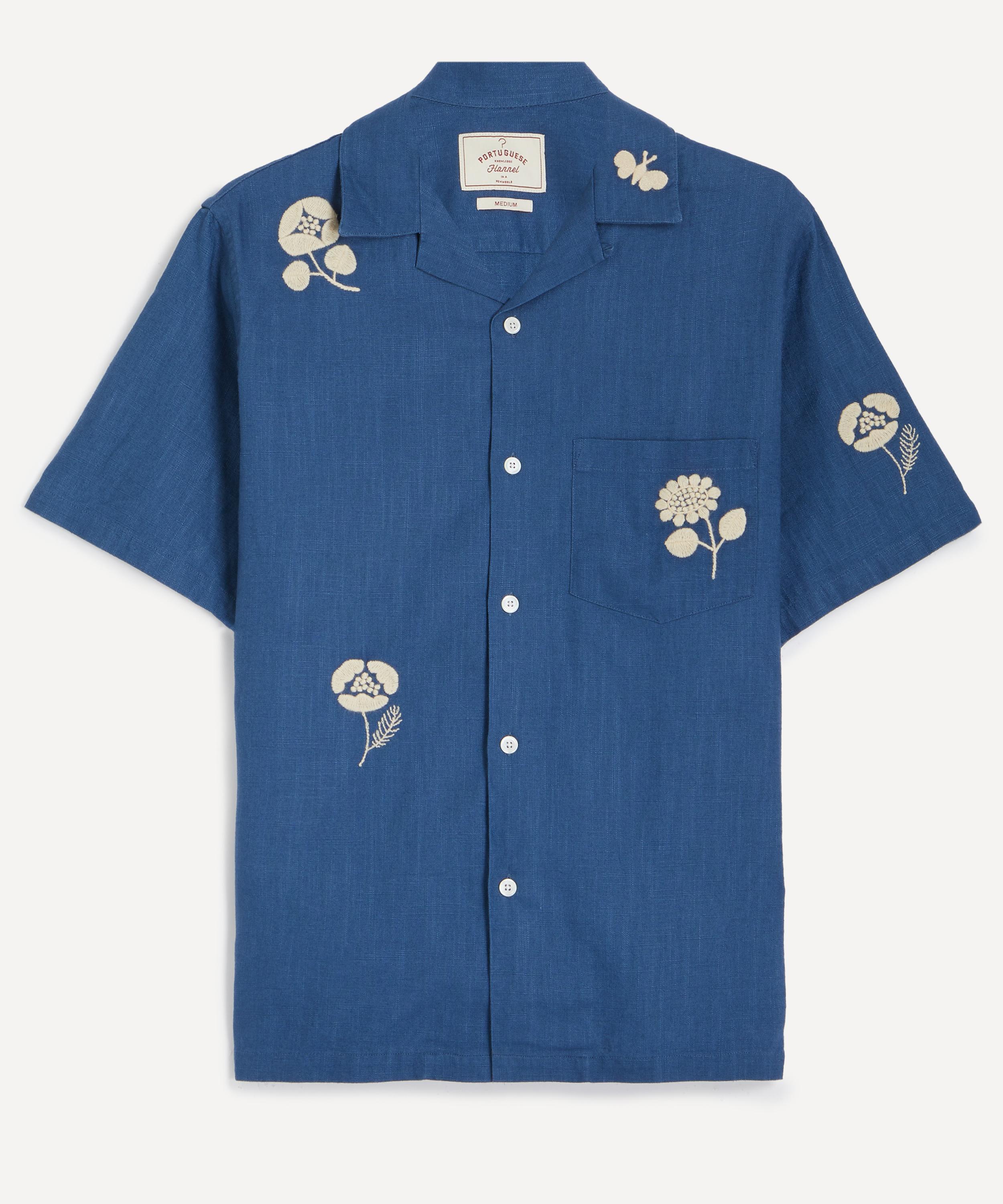Portuguese Flannel - Embroidery Nature Short-Sleeve Shirt in Blue