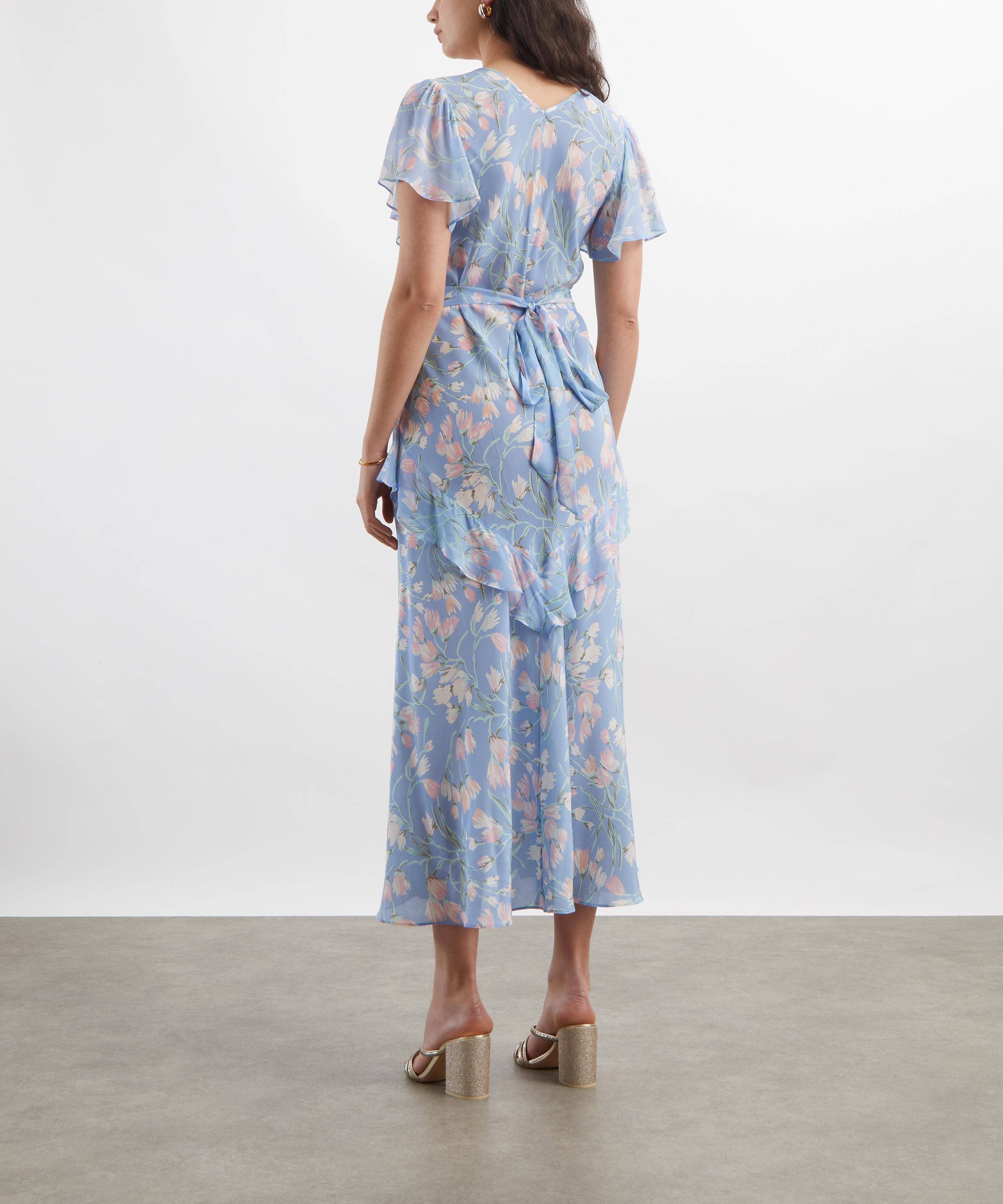 RIXO - Evie Watercolour Floral Blue Silk Midi Dress image number 3