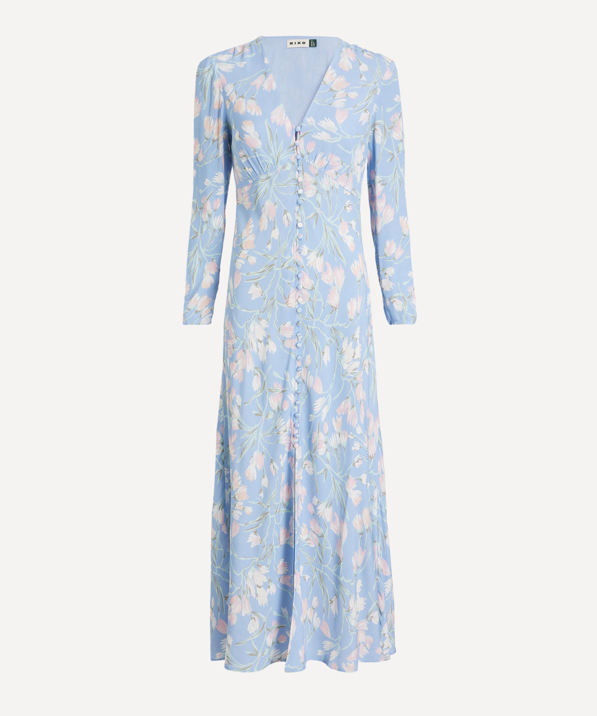 RIXO - Katie Watercolour Floral Blue Midi Dress