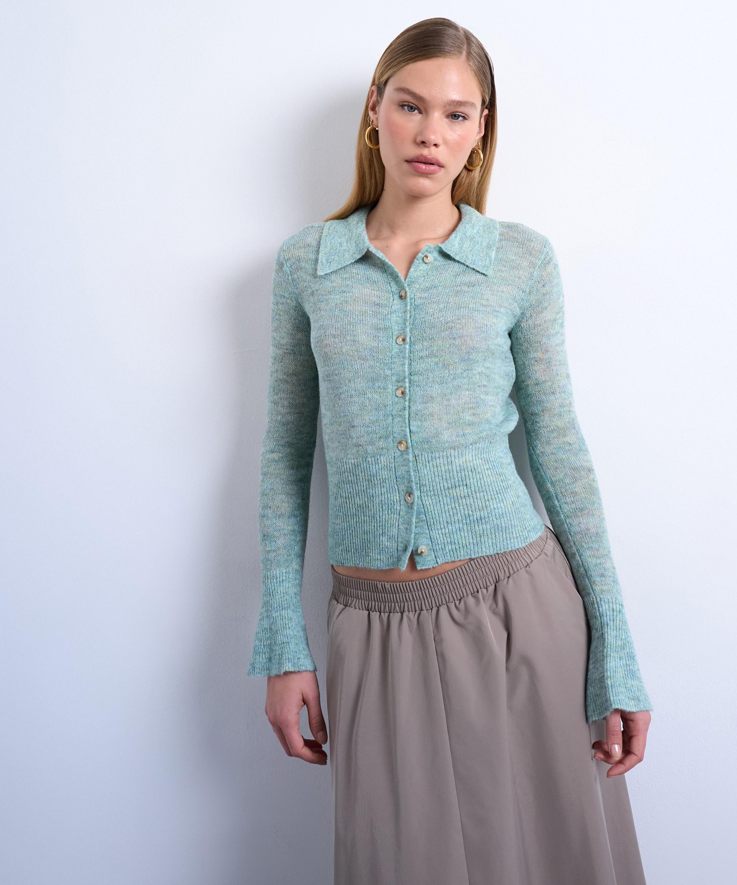 TOPSHOP - Mint Knitted Sheer Collared Cardigan