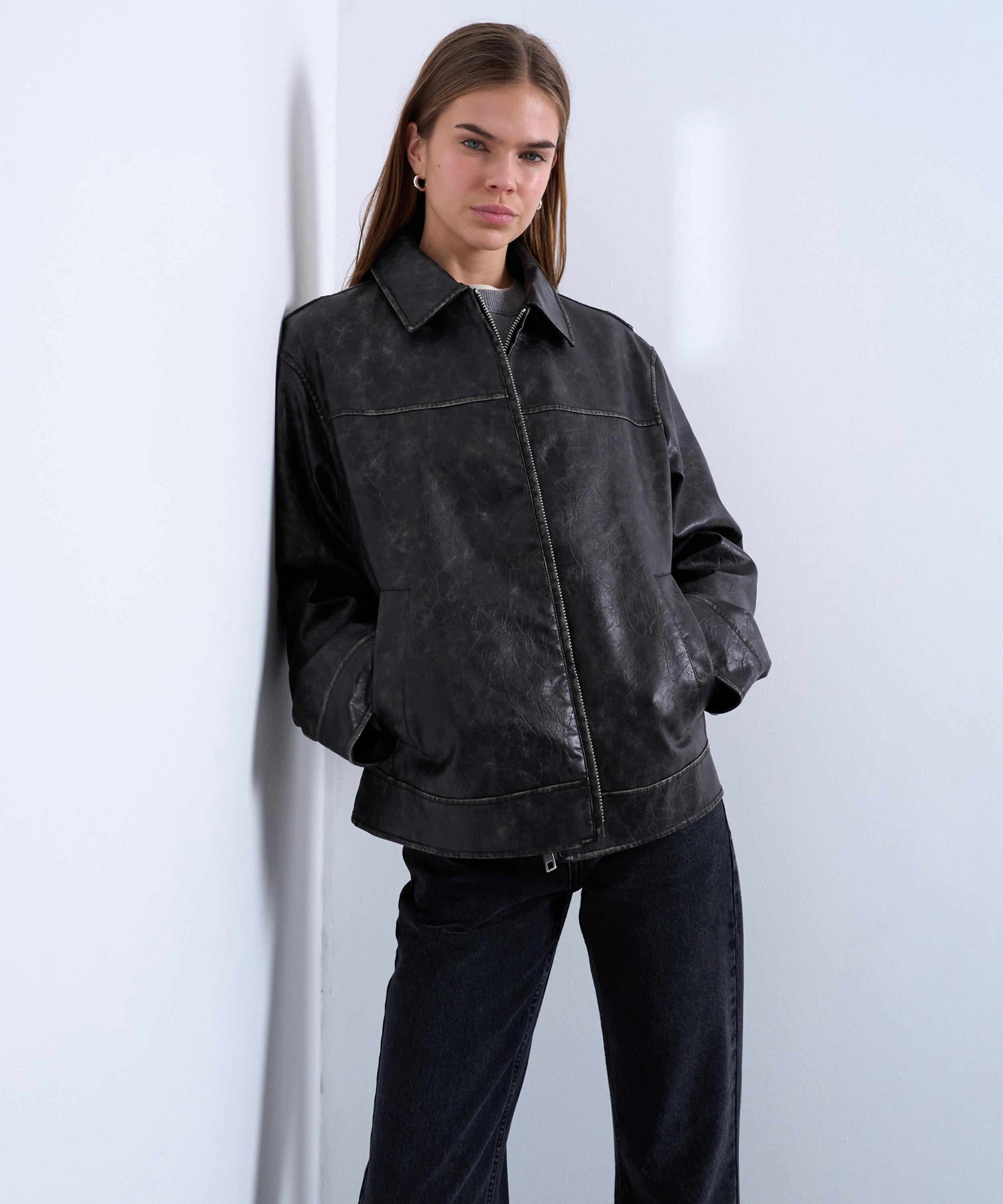 TOPSHOP - Washed Black PU Zip-Through Jacket