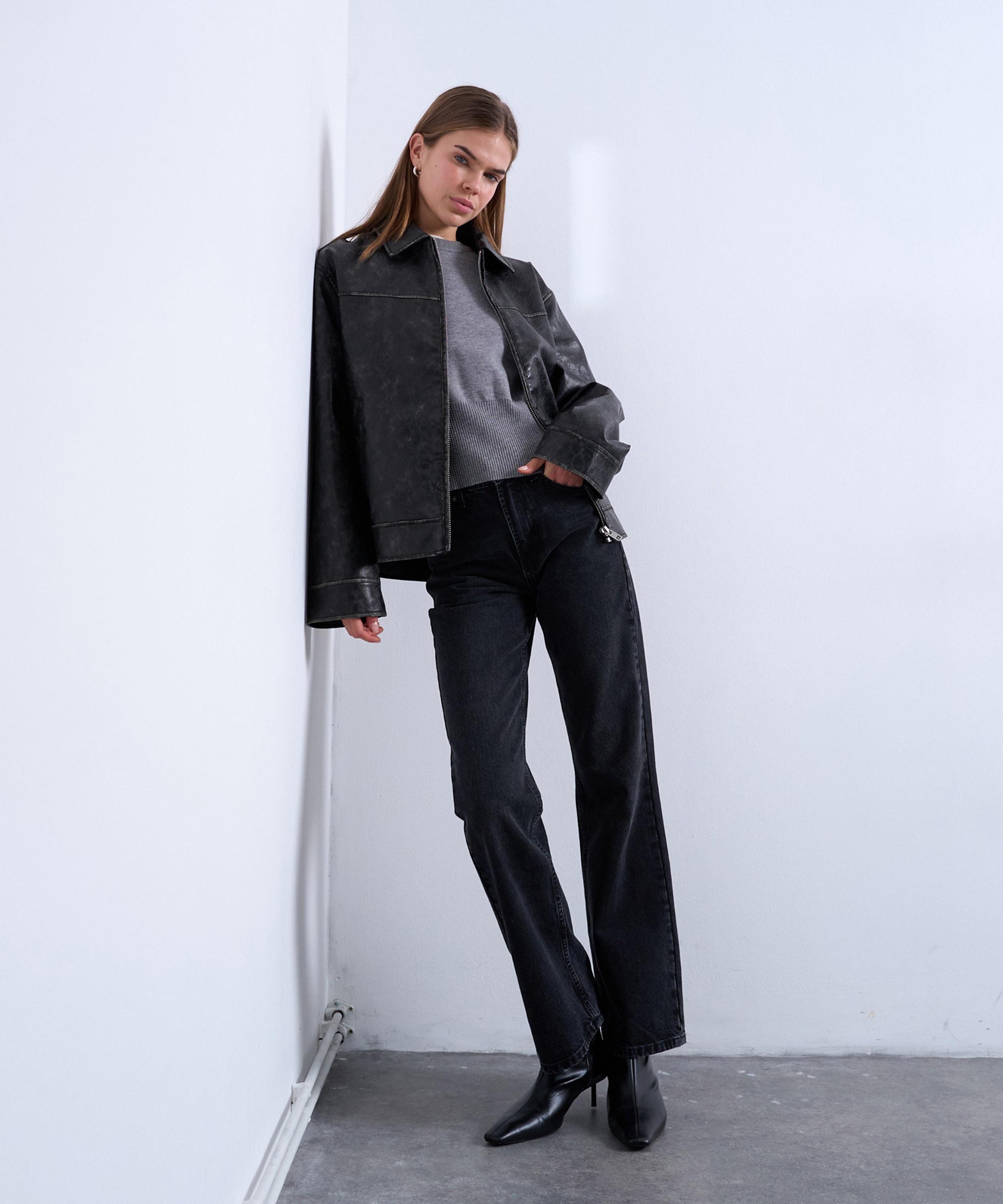 TOPSHOP - Washed Black PU Zip-Through Jacket image number 1