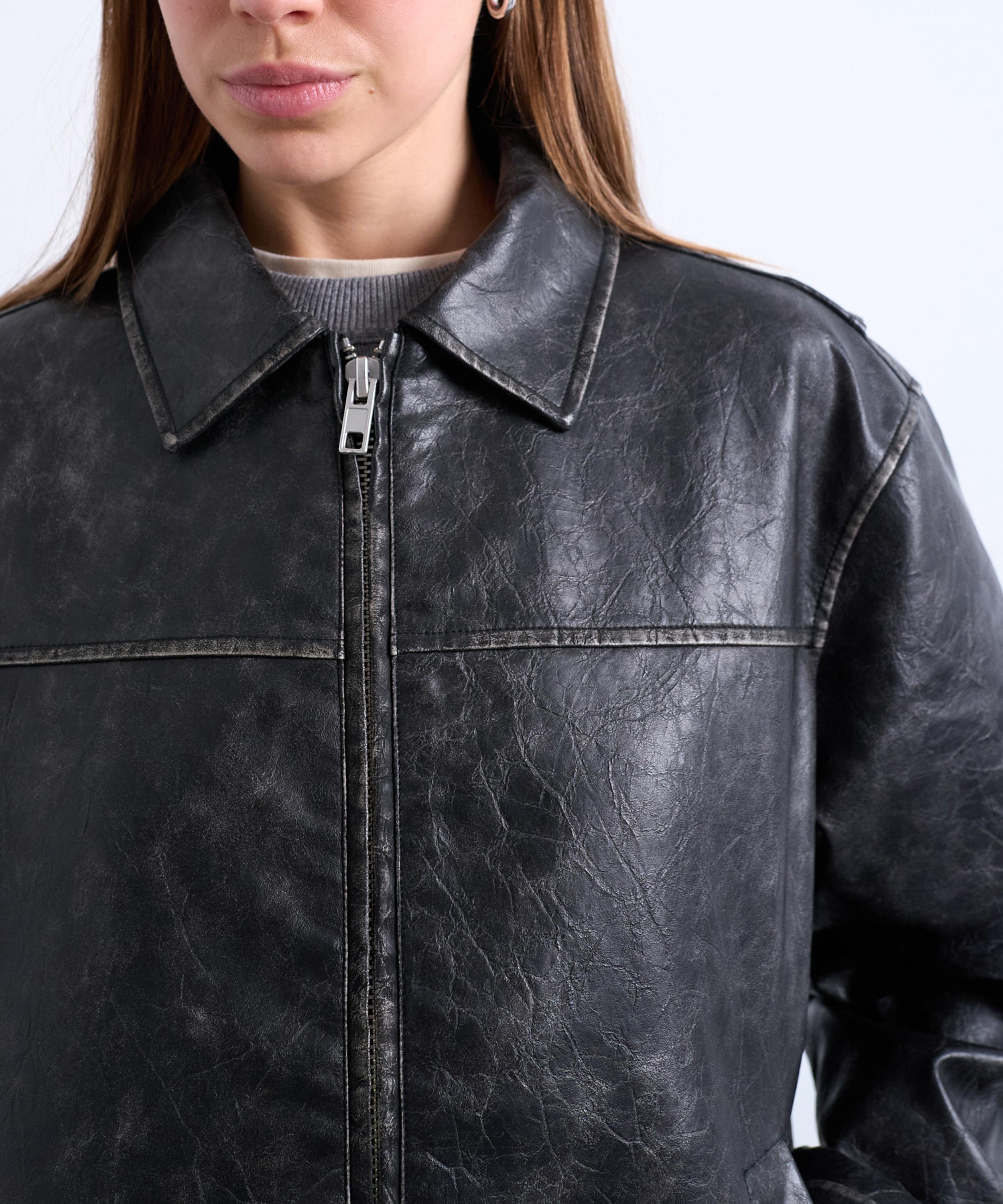 TOPSHOP - Washed Black PU Zip-Through Jacket image number 2