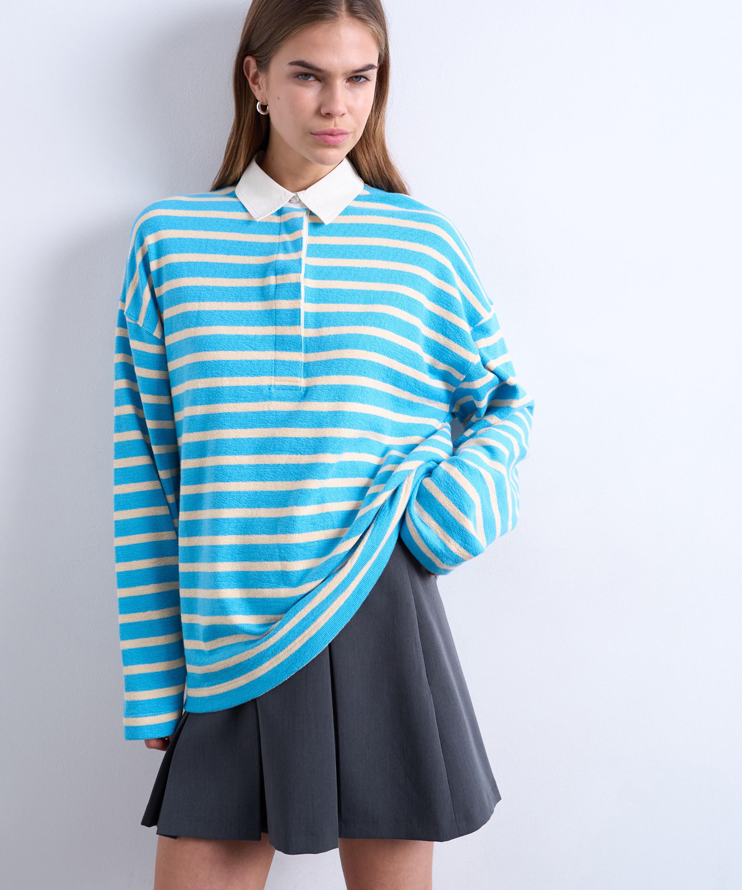 TOPSHOP - Blue Stripe Long-Sleeve Rugby Polo Top