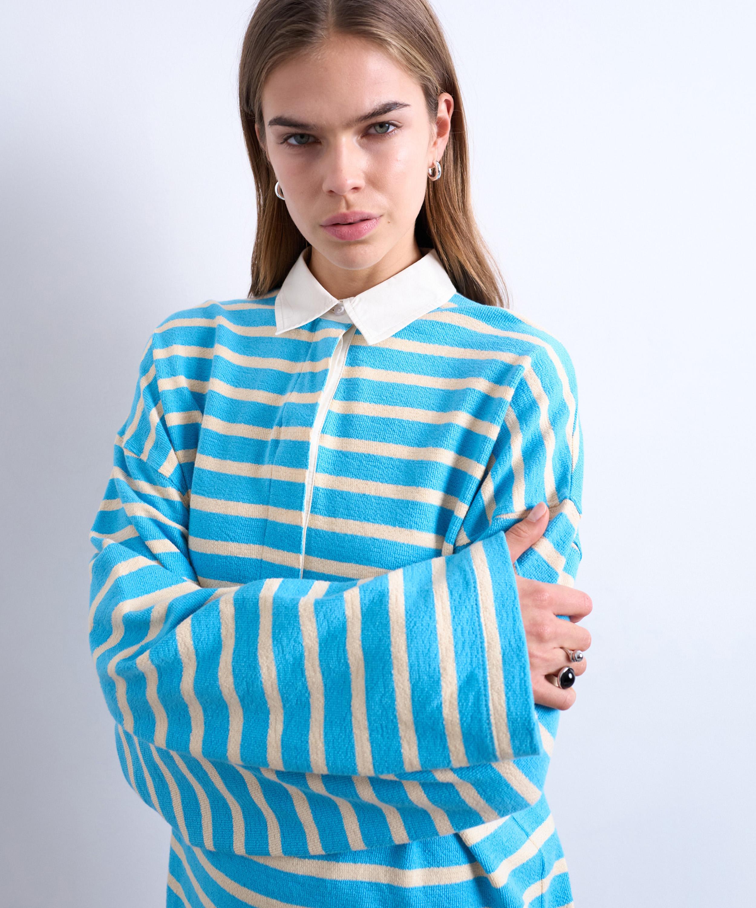 TOPSHOP - Blue Stripe Long-Sleeve Rugby Polo Top image number 2