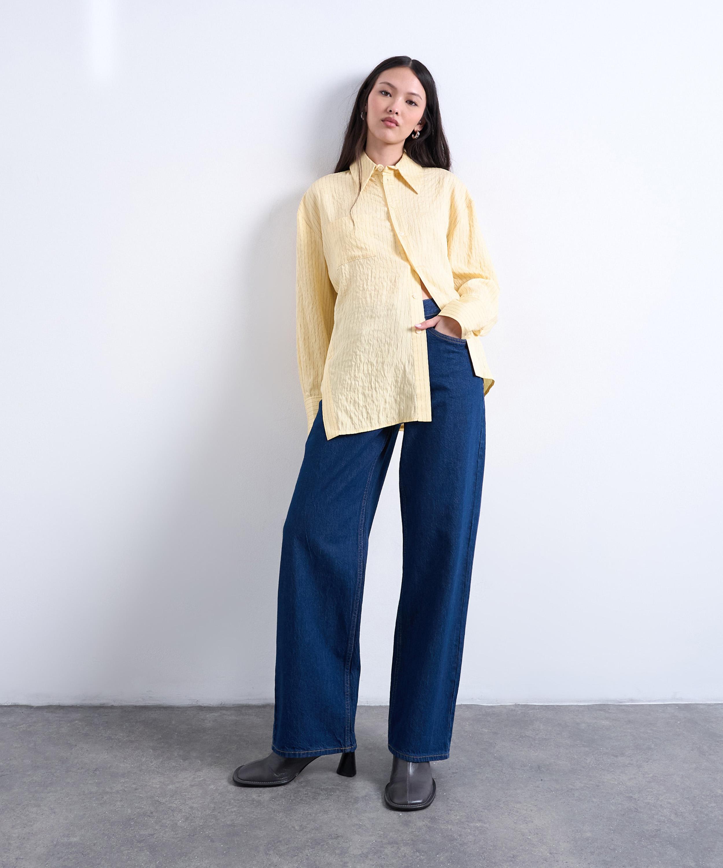 TOPSHOP - Yellow Stripe Asymmetric Placket Long-Sleeve Shirt image number 1