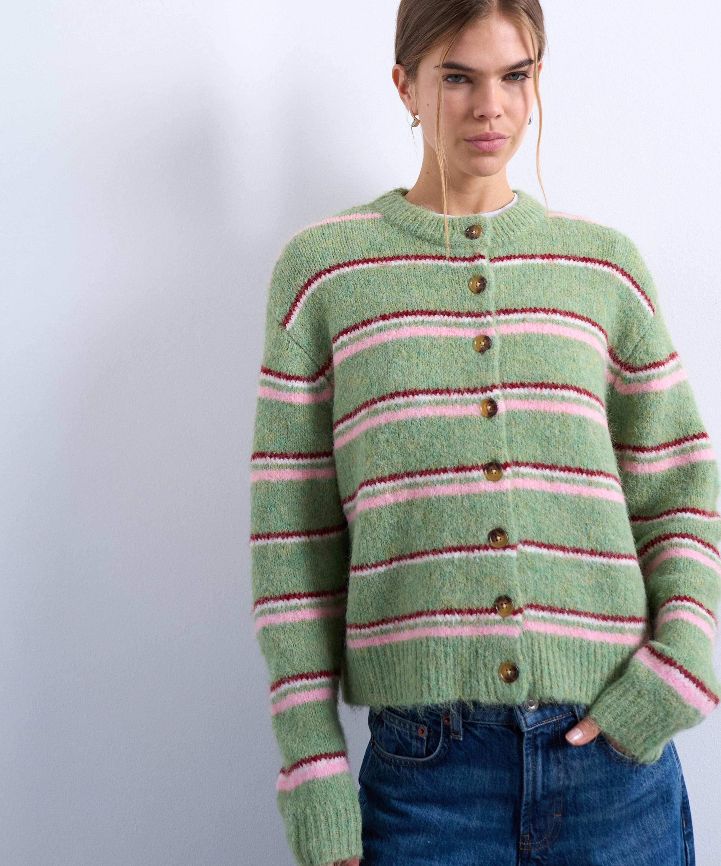 TOPSHOP - Green Multi-Stripe Knitted Cardigan