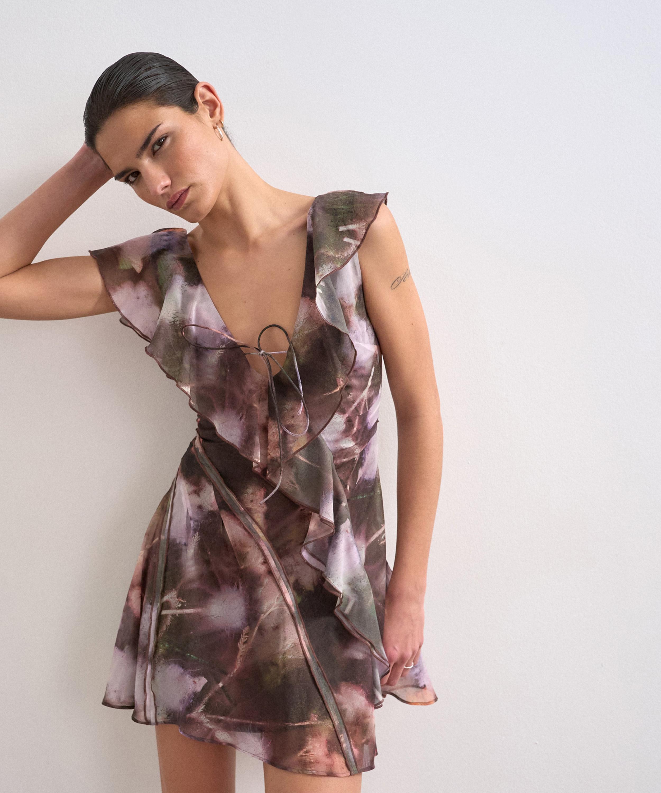 TOPSHOP - Ghostly Floral Ruffle Mini Dress image number 1