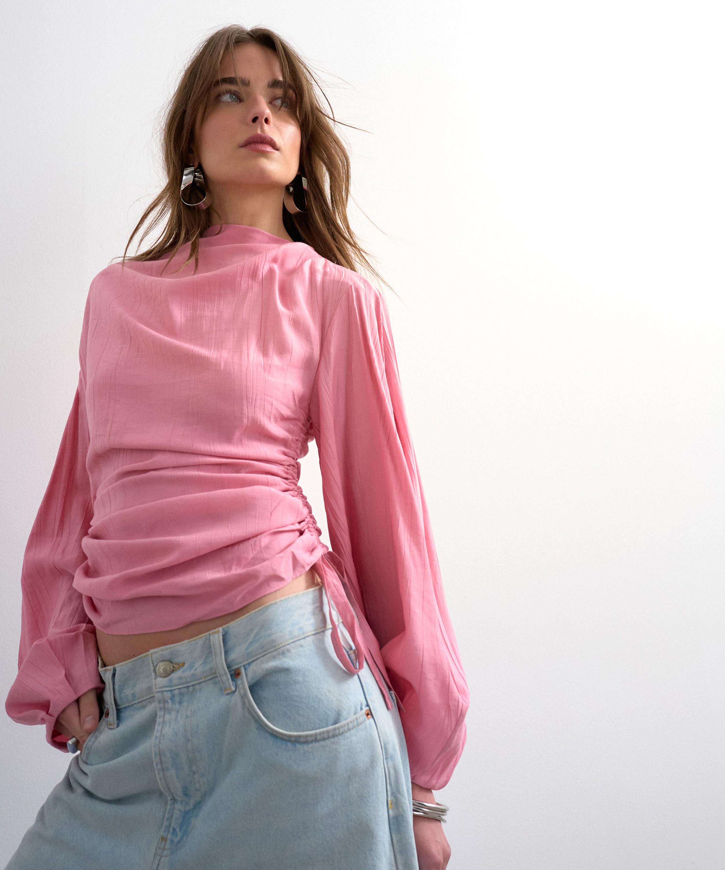 TOPSHOP - Pink Long-Sleeve Ruched Side Top