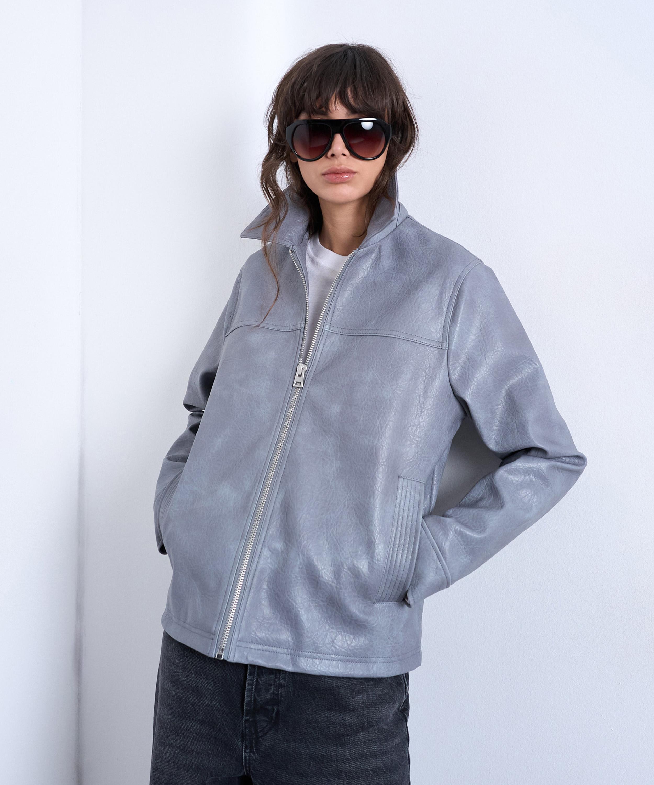 TOPSHOP - Washed Grey Leather-Look Zip Jacket