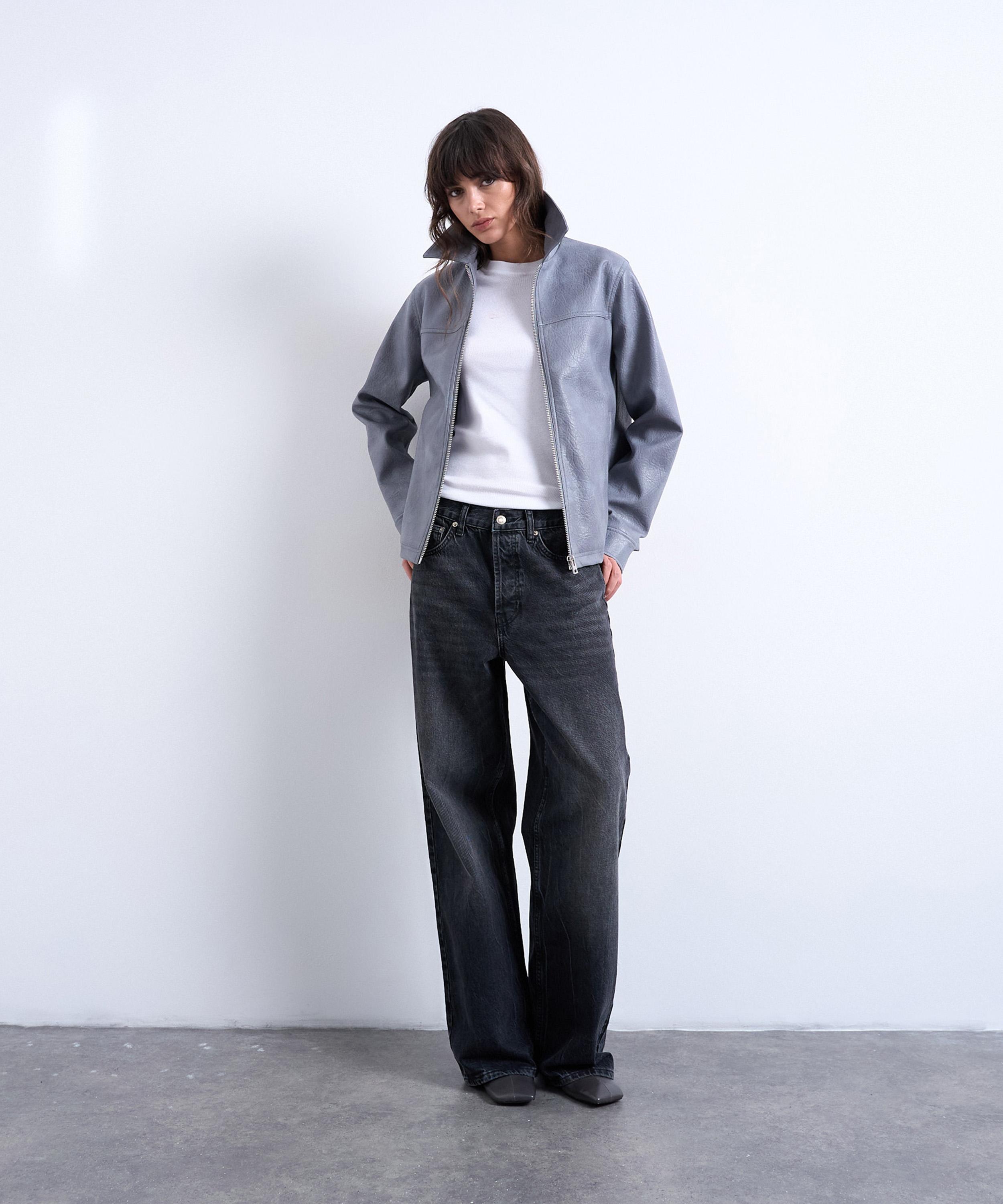 TOPSHOP - Washed Grey Leather-Look Zip Jacket image number 1