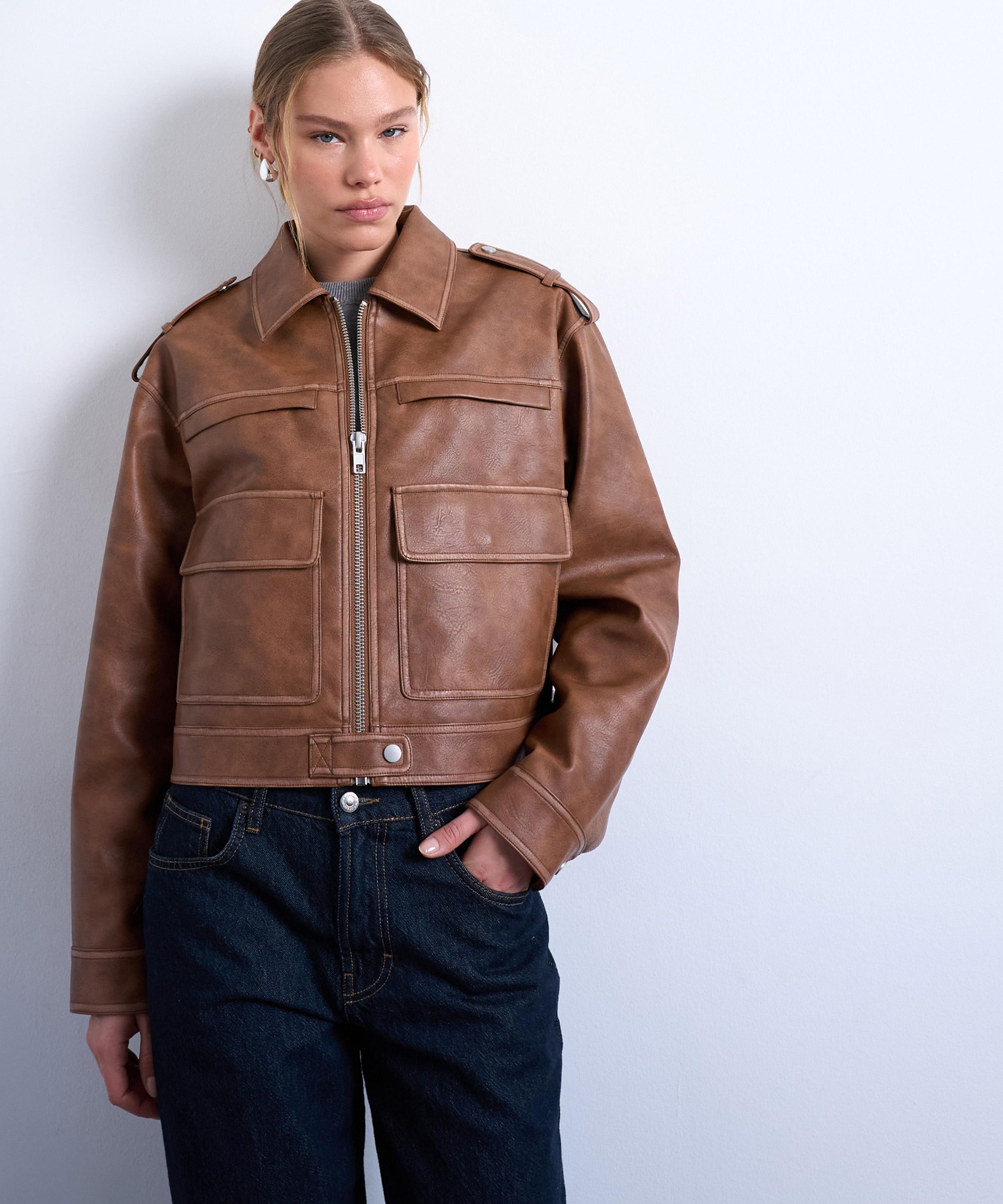 TOPSHOP - Washed Brown PU Zip-Through Jacket